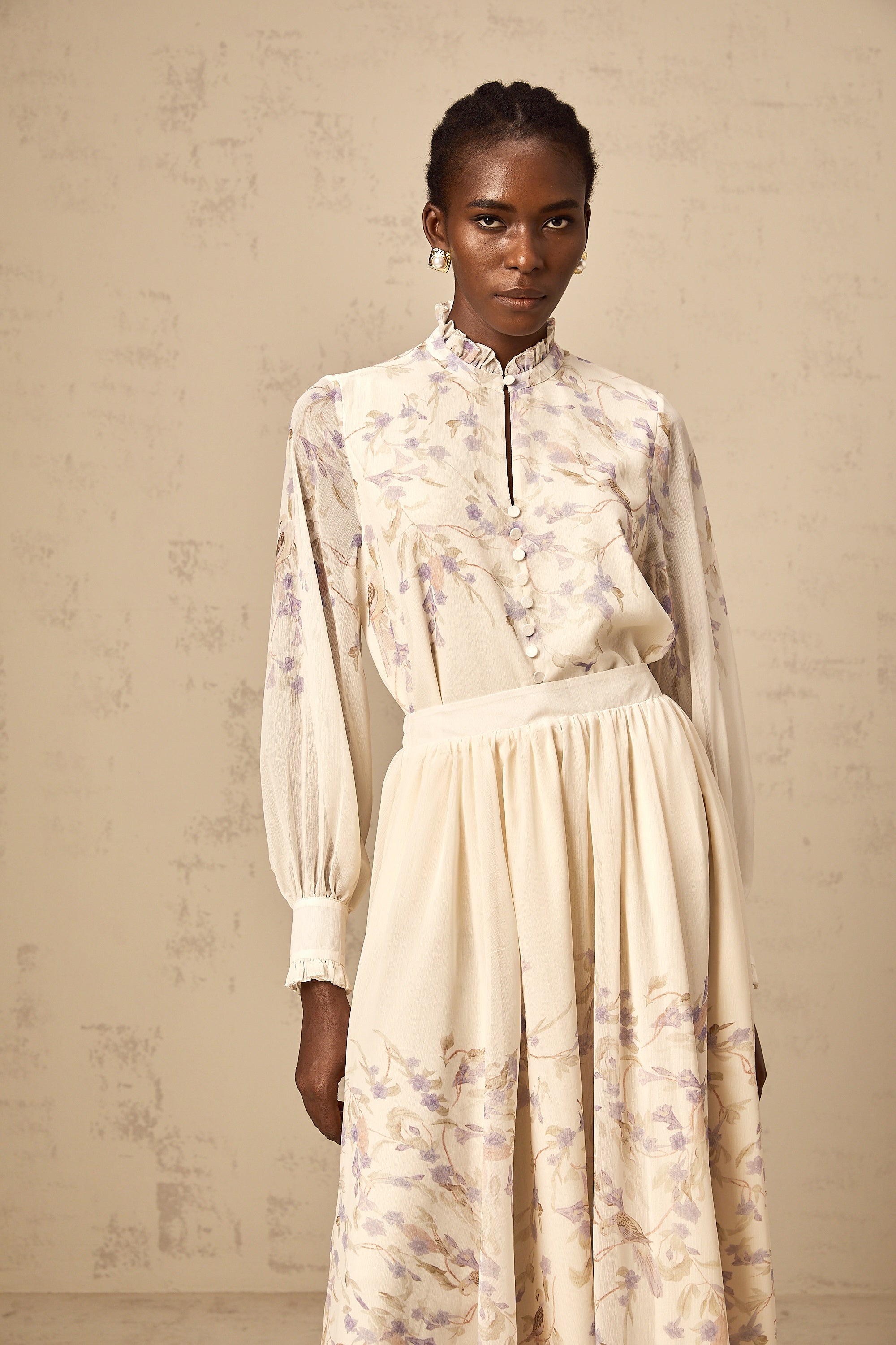 Siena frilled wistaria-print shirt & skirt matching set