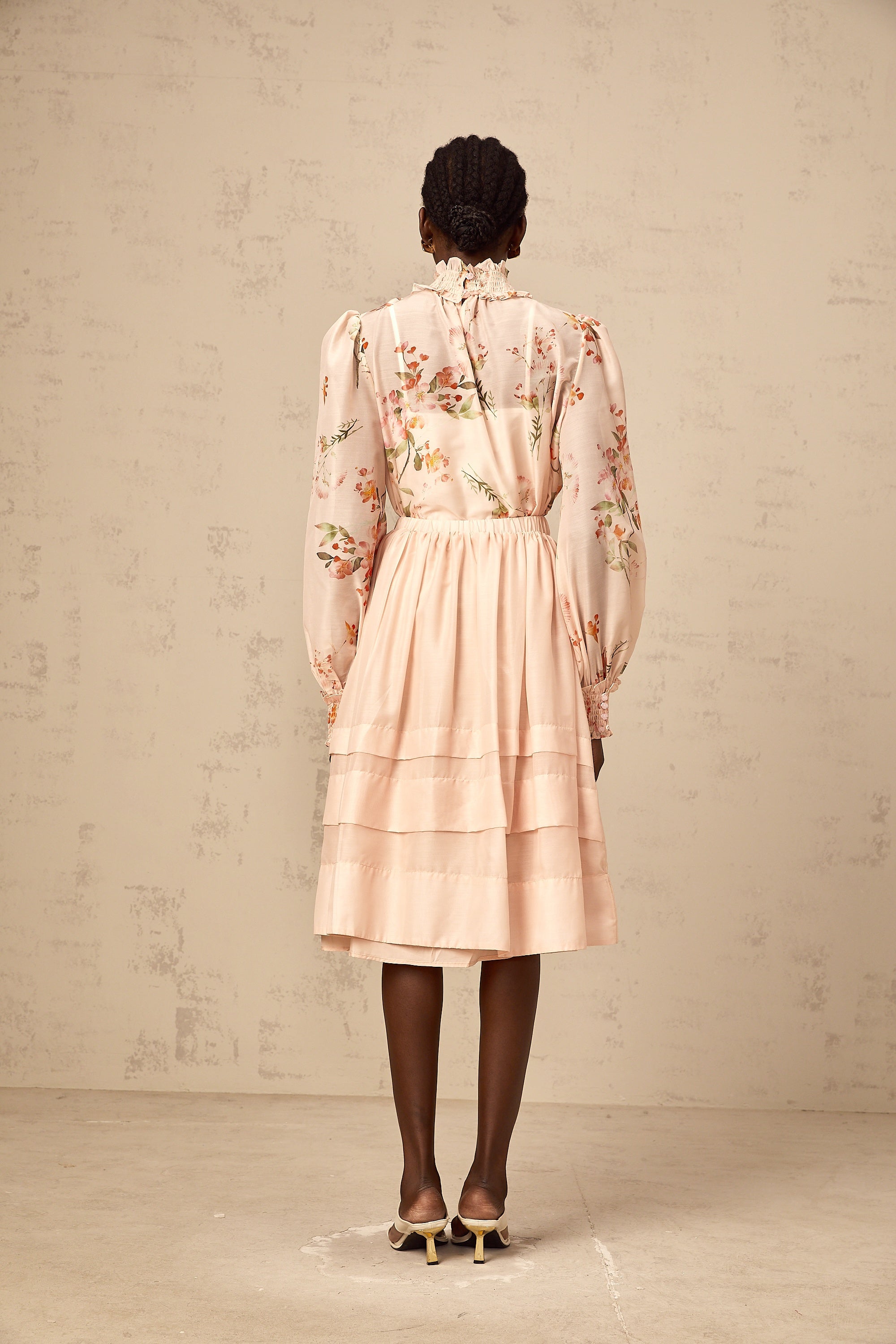 Natacha pink-beige floral-print blouse & skirt matching set