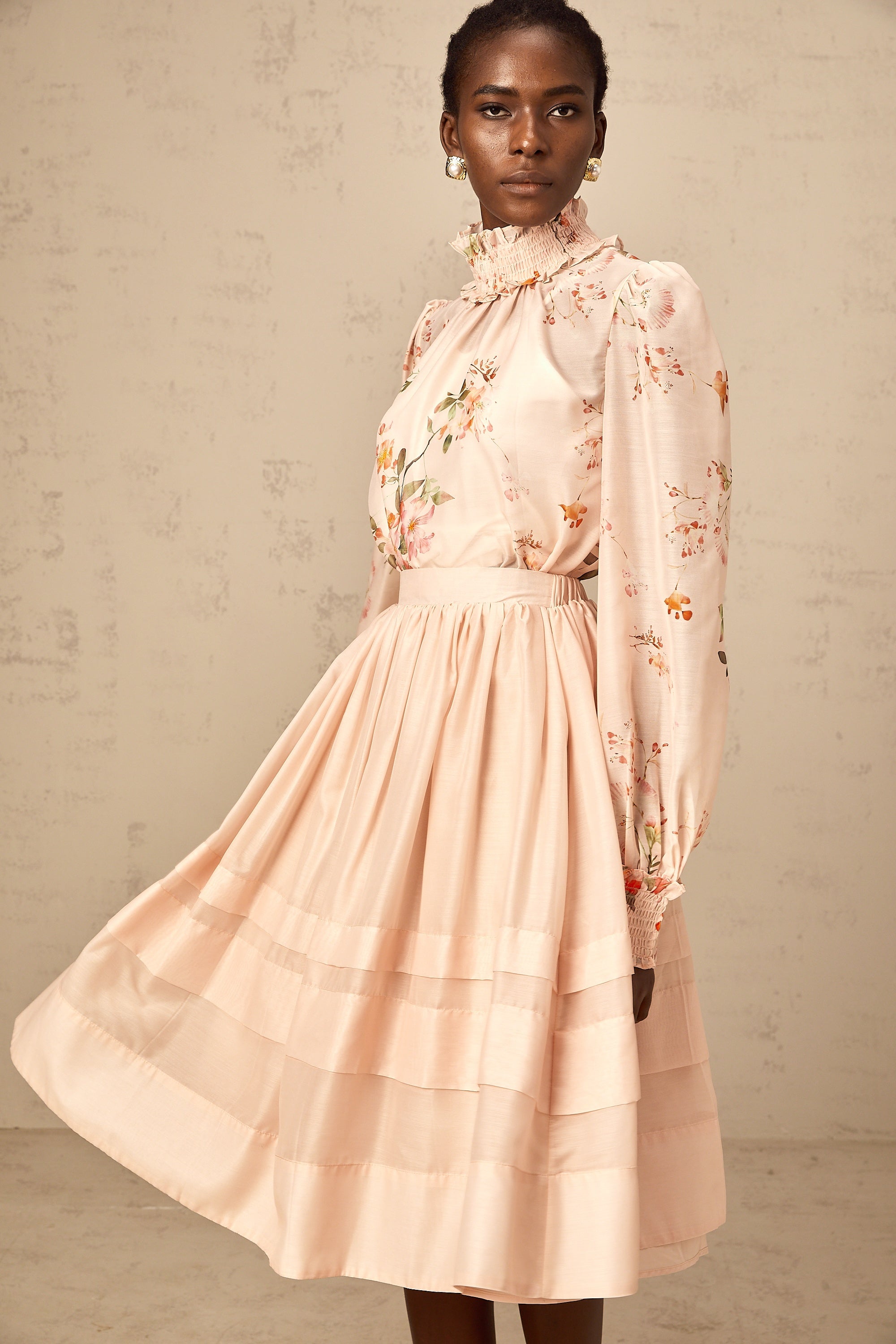 Natacha pink-beige floral-print blouse & skirt matching set