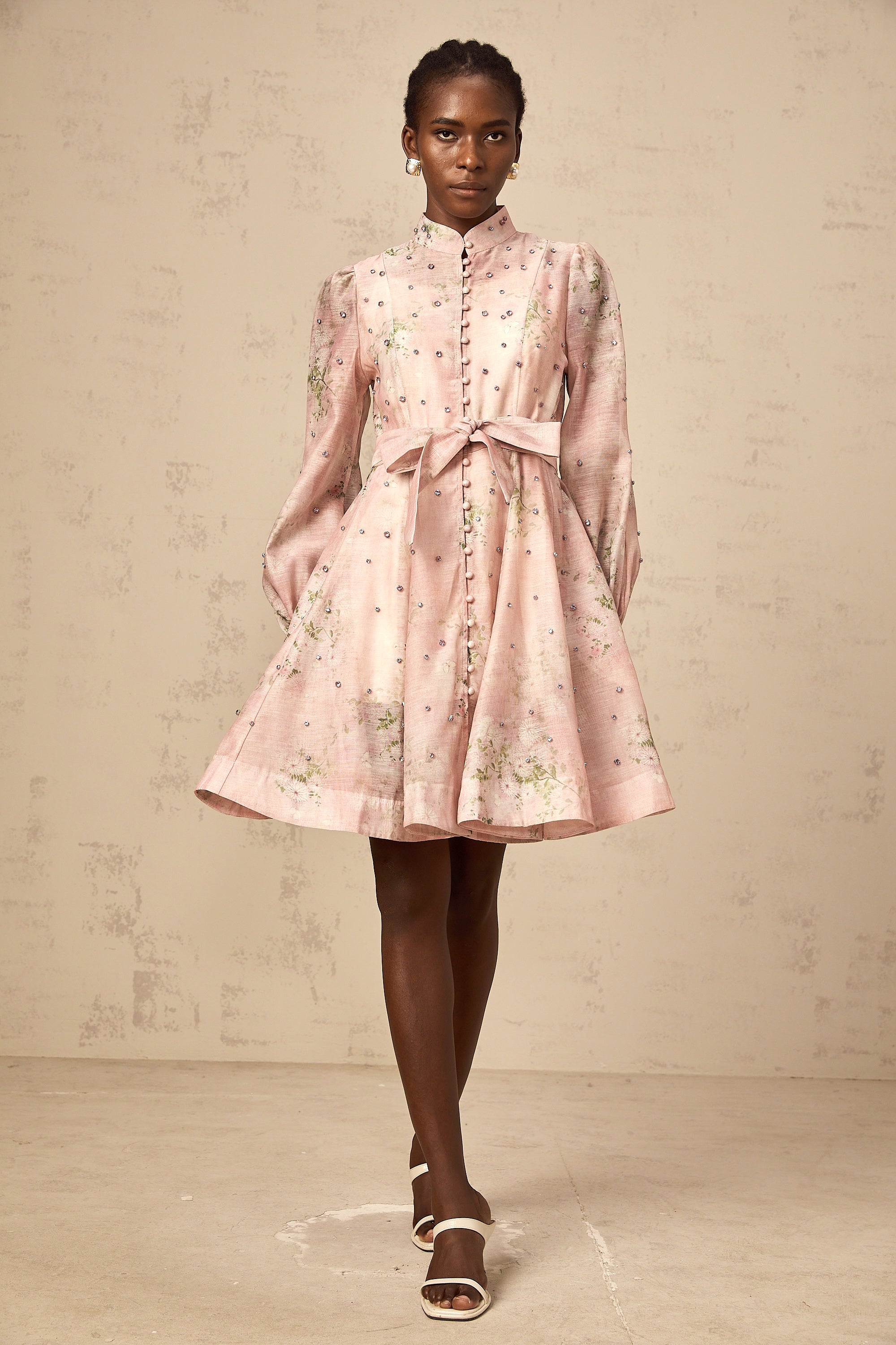 Narcisse pink embellished floral-print mini dress