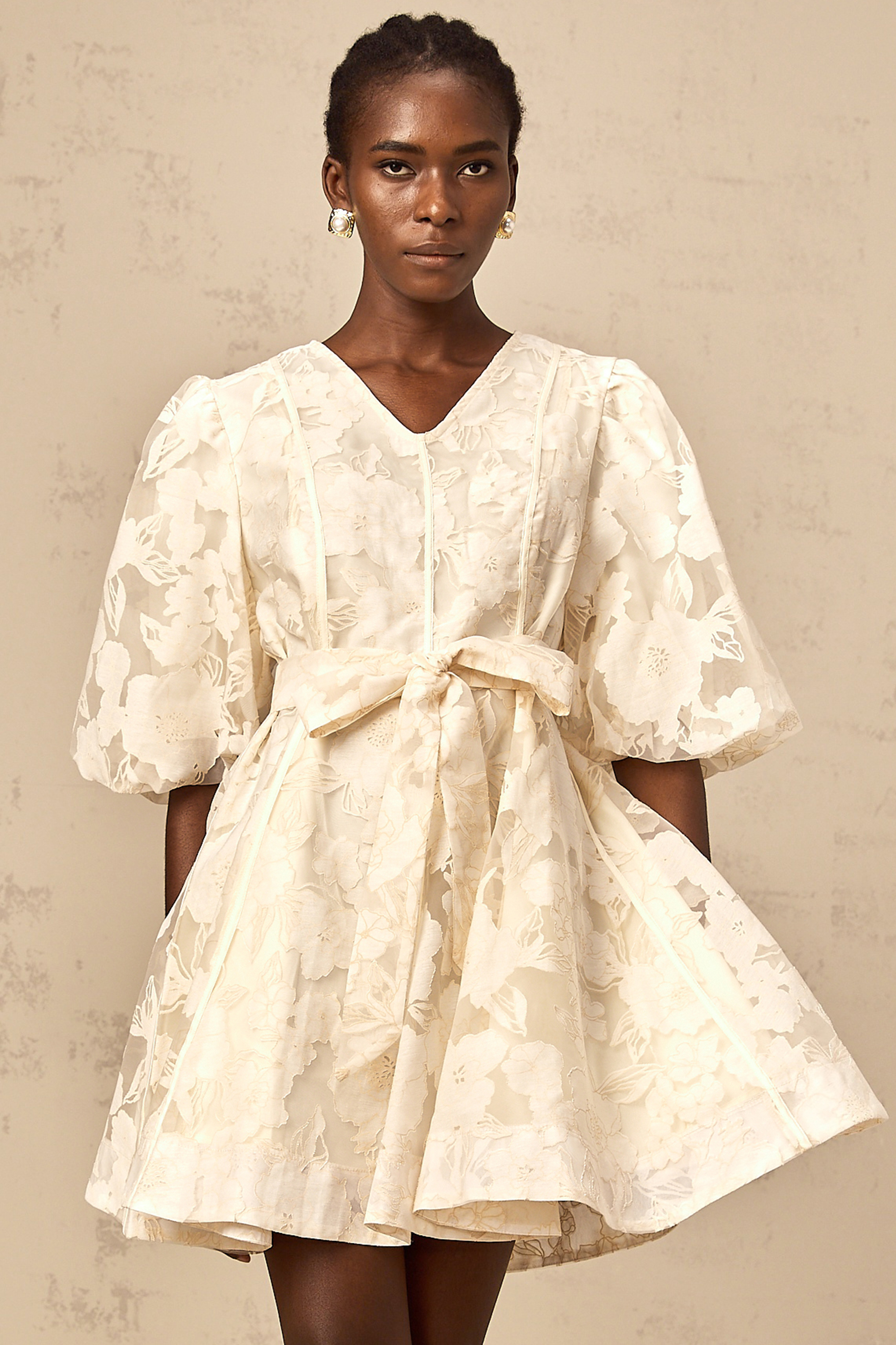 Osanne neutrals floral-jacquard flared mini dress