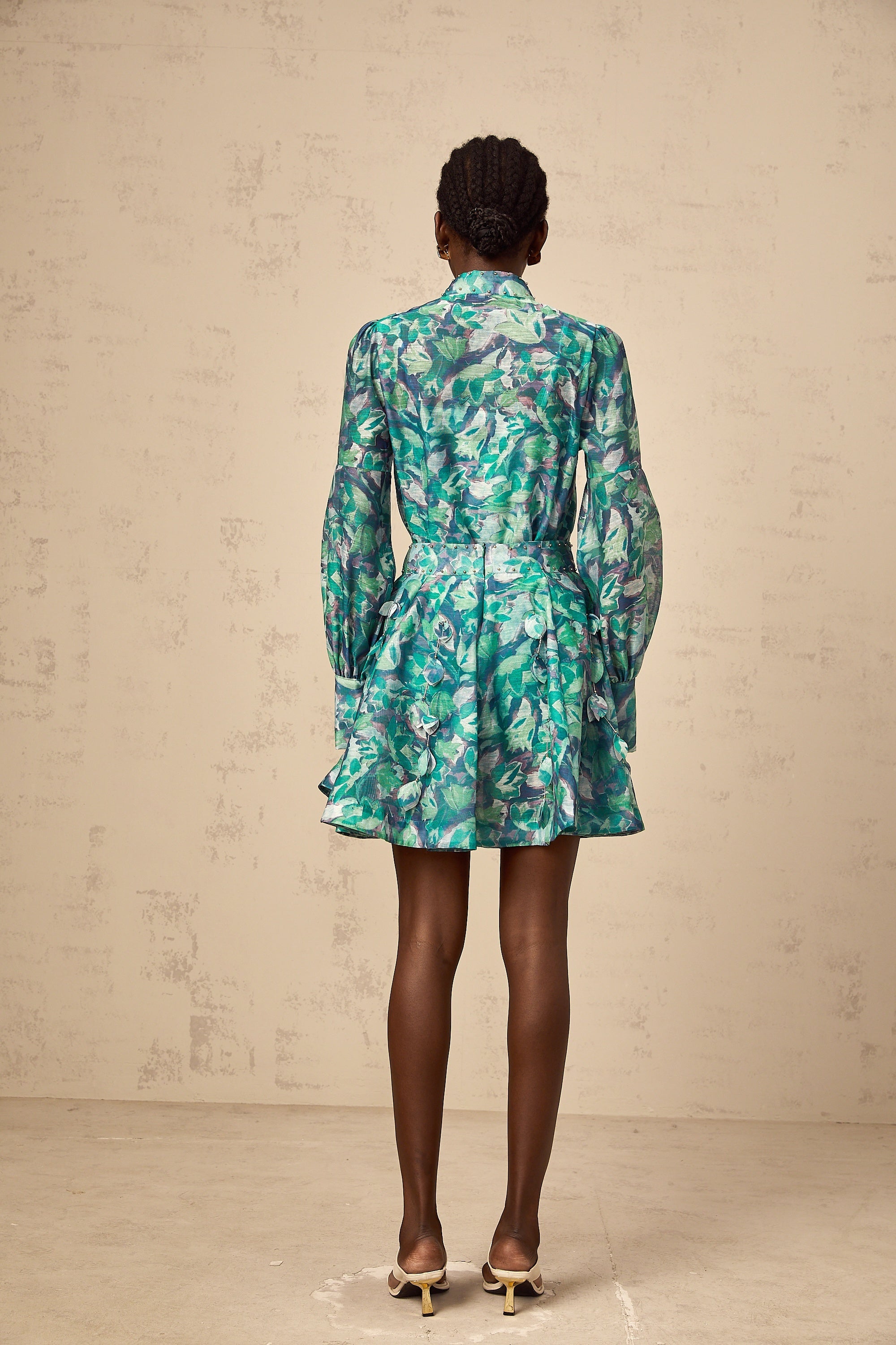 Véronique green 3d-petal blouse & skirt matching set