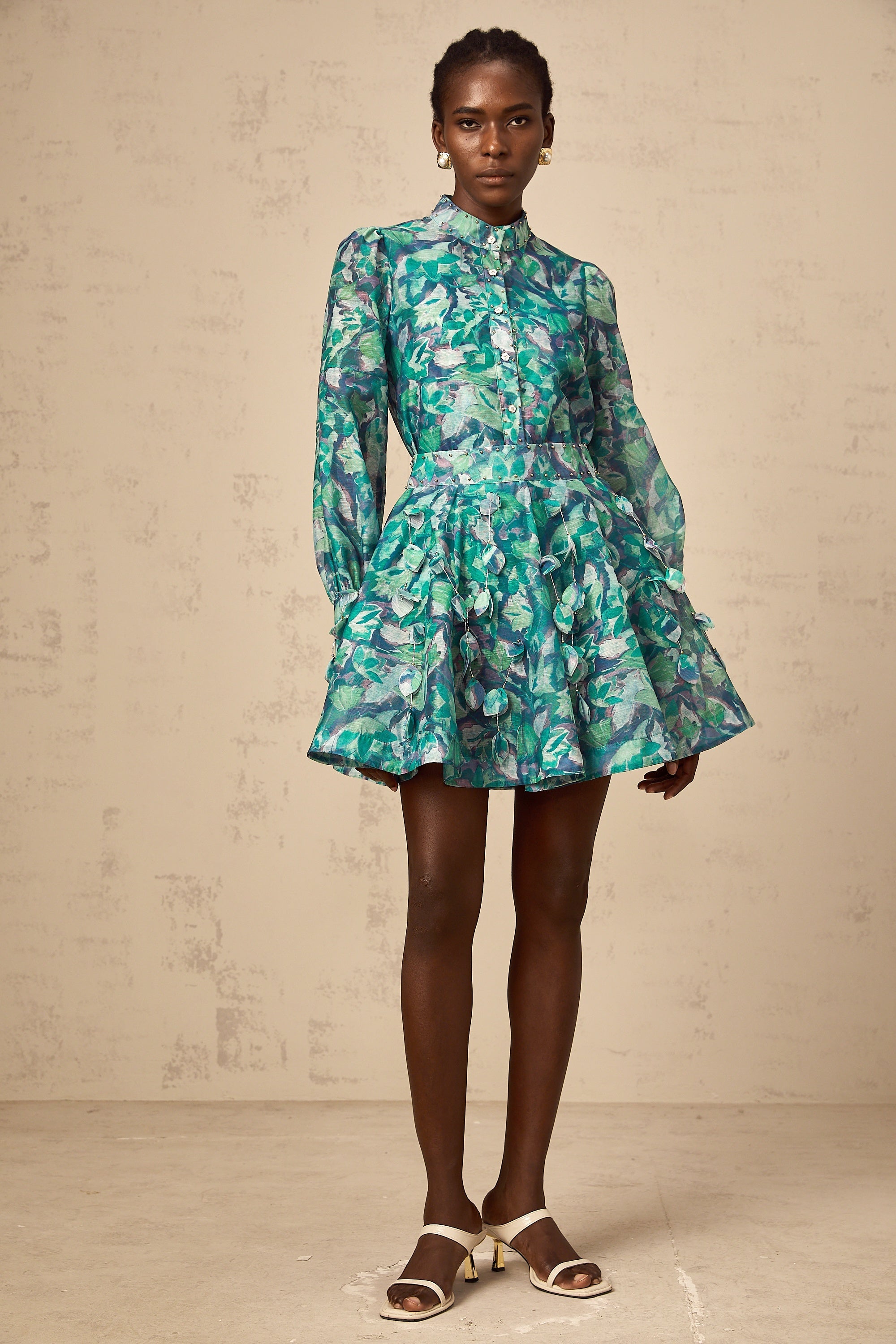 Véronique green 3d-petal blouse & skirt matching set