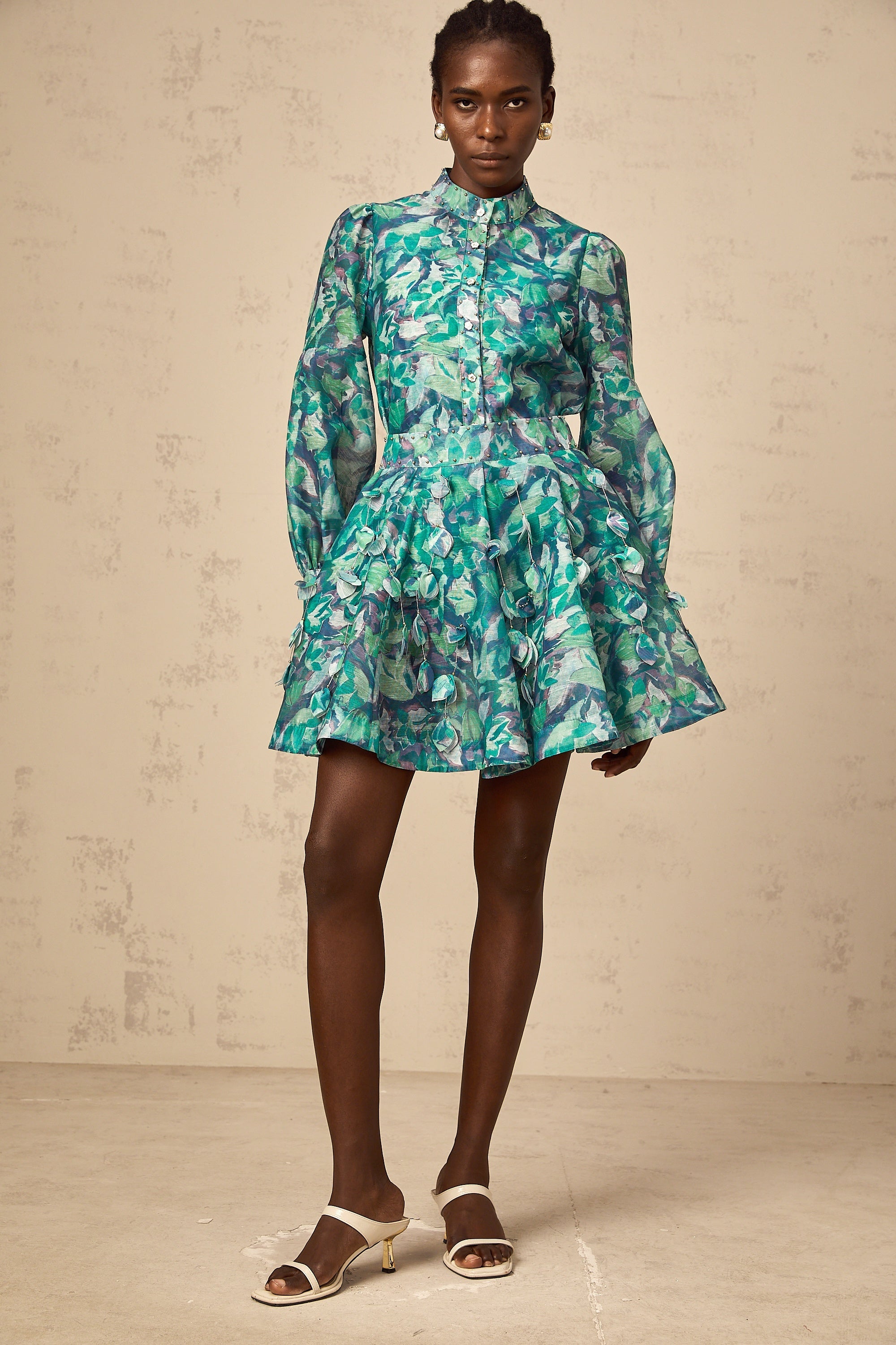 Véronique green 3d-petal blouse & skirt matching set