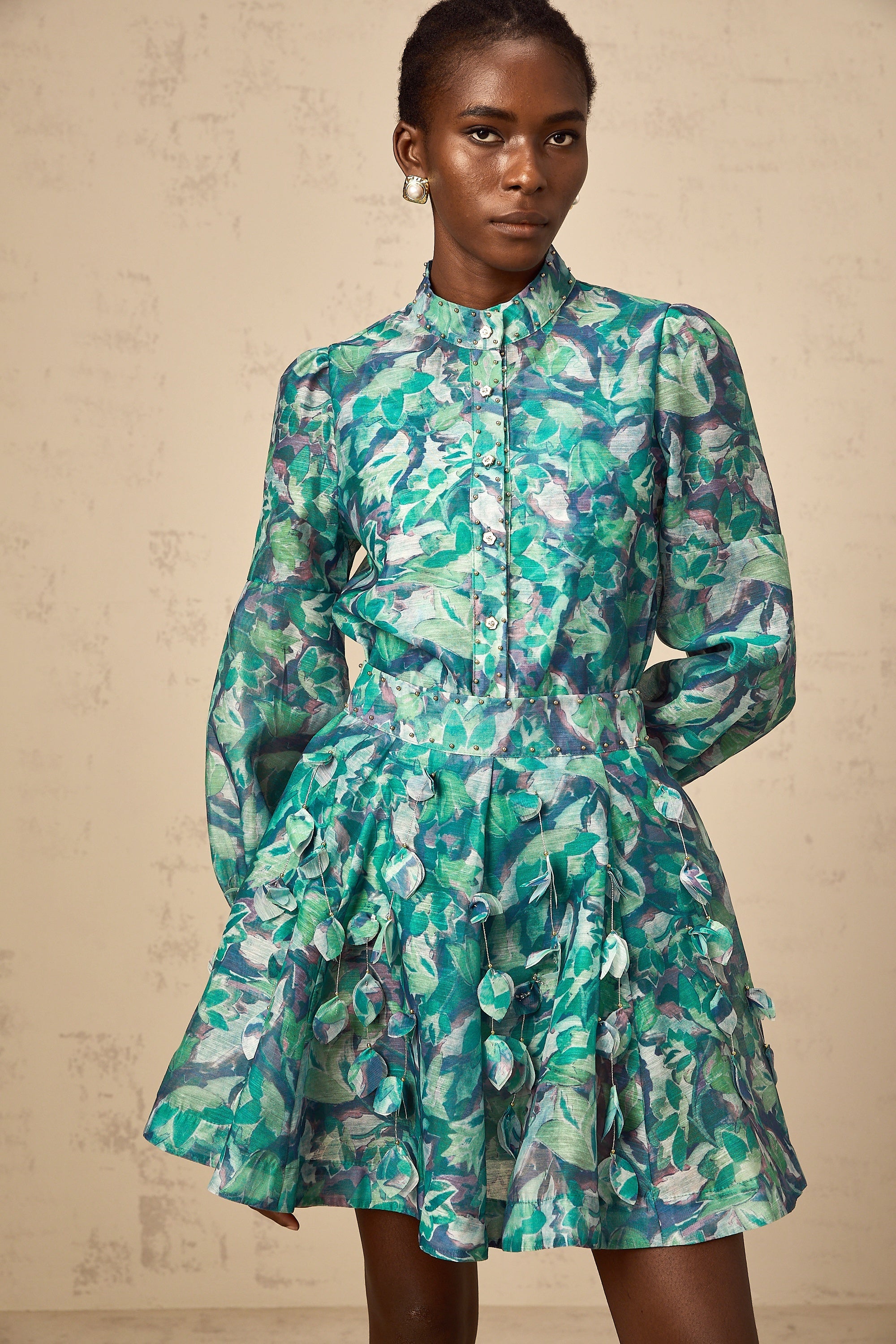 Véronique green 3d-petal blouse & skirt matching set