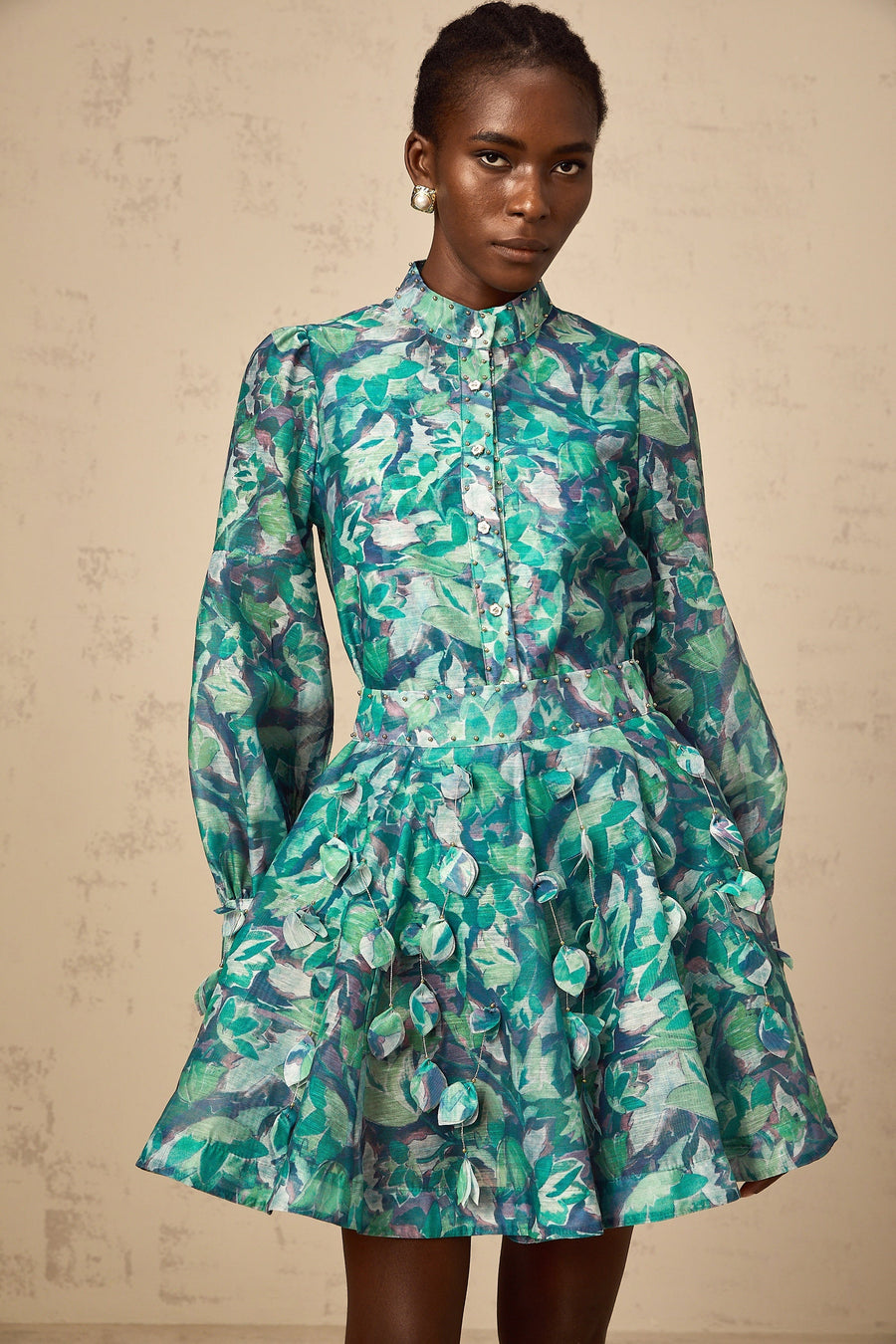 Véronique green 3d-petal blouse & skirt matching set