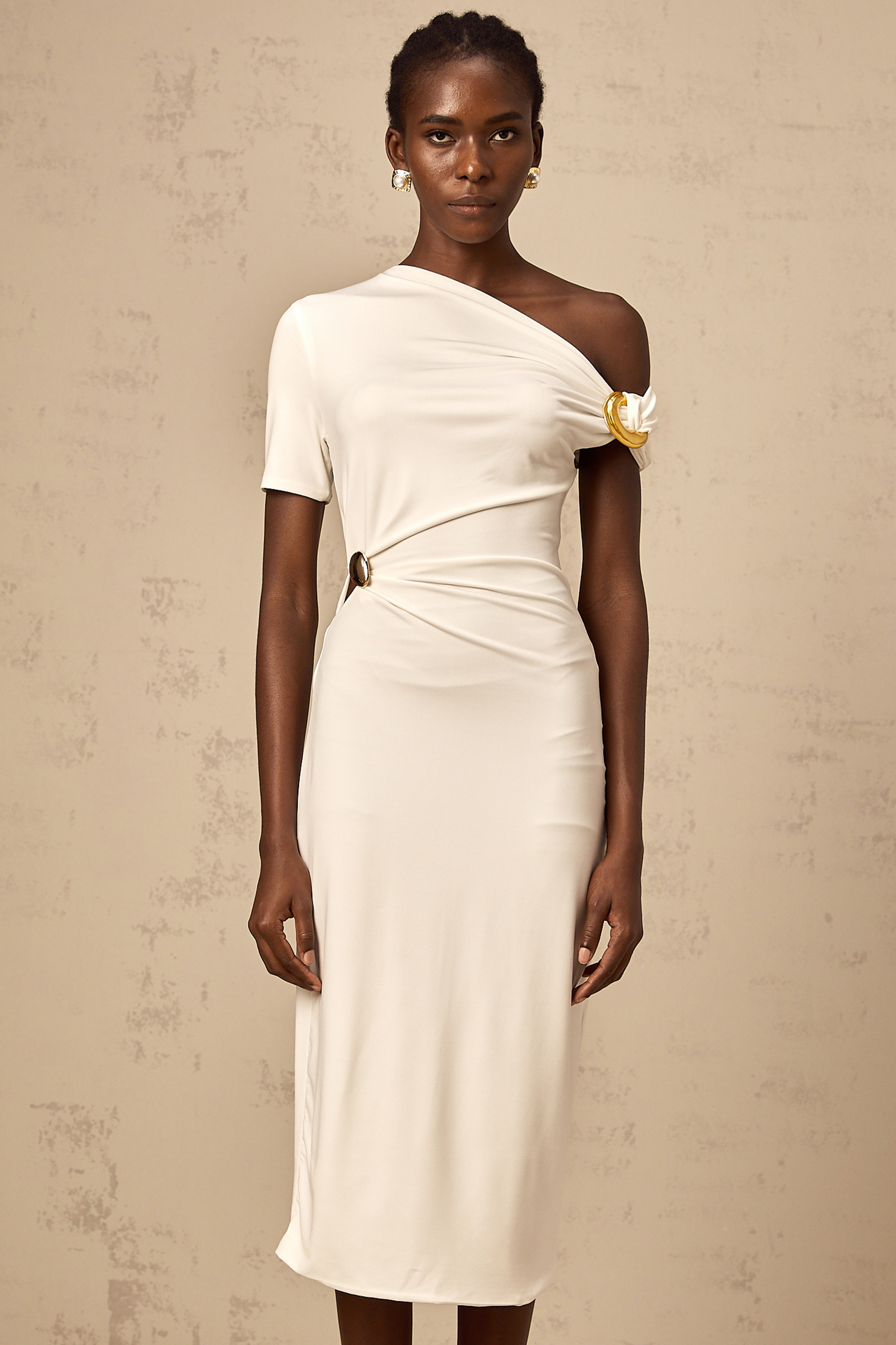 Béryl white asymmetrical buckle midi dress