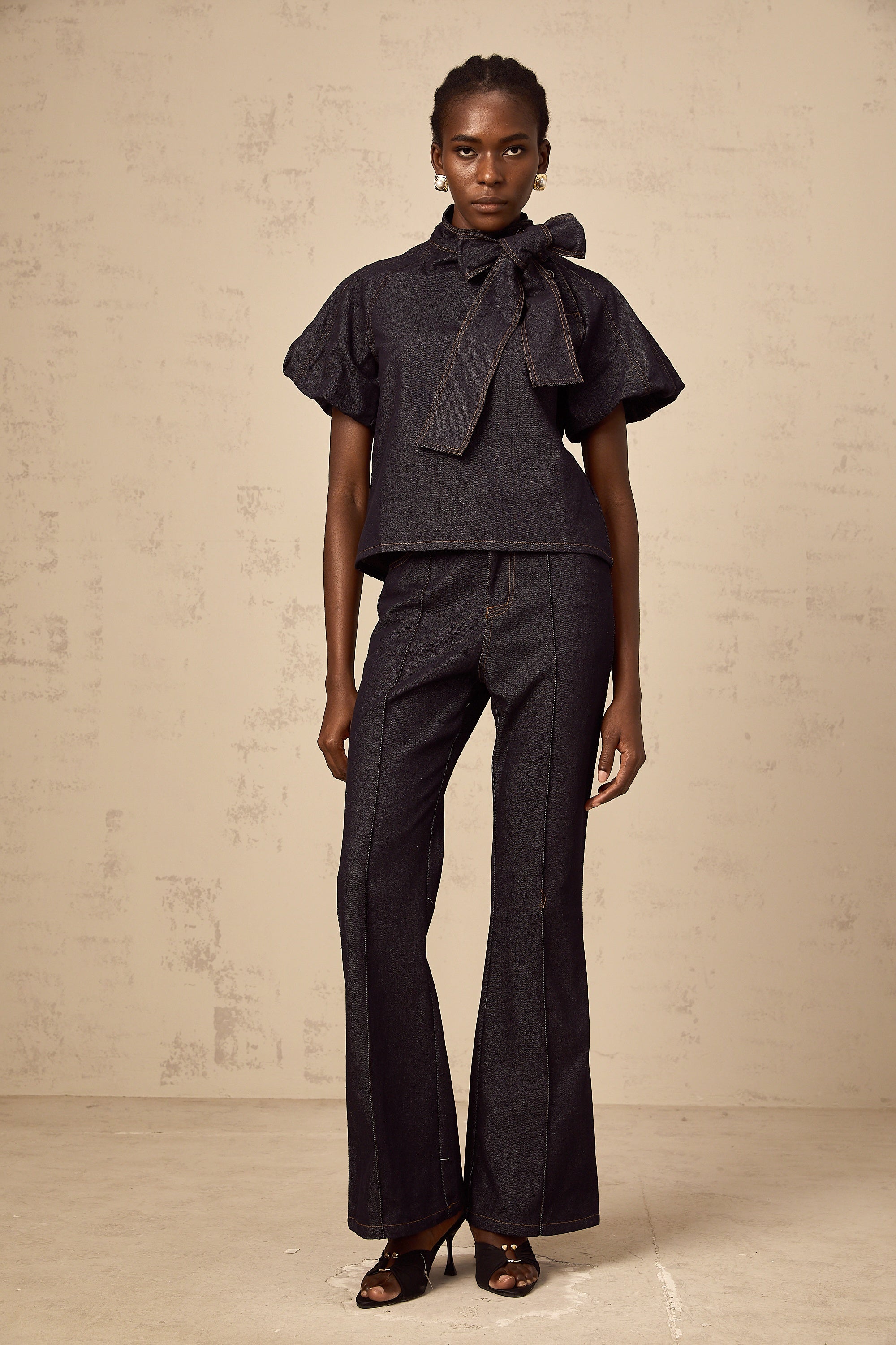 Roxane indigo-blue contrast-stitching denim blouse & jeans matching set