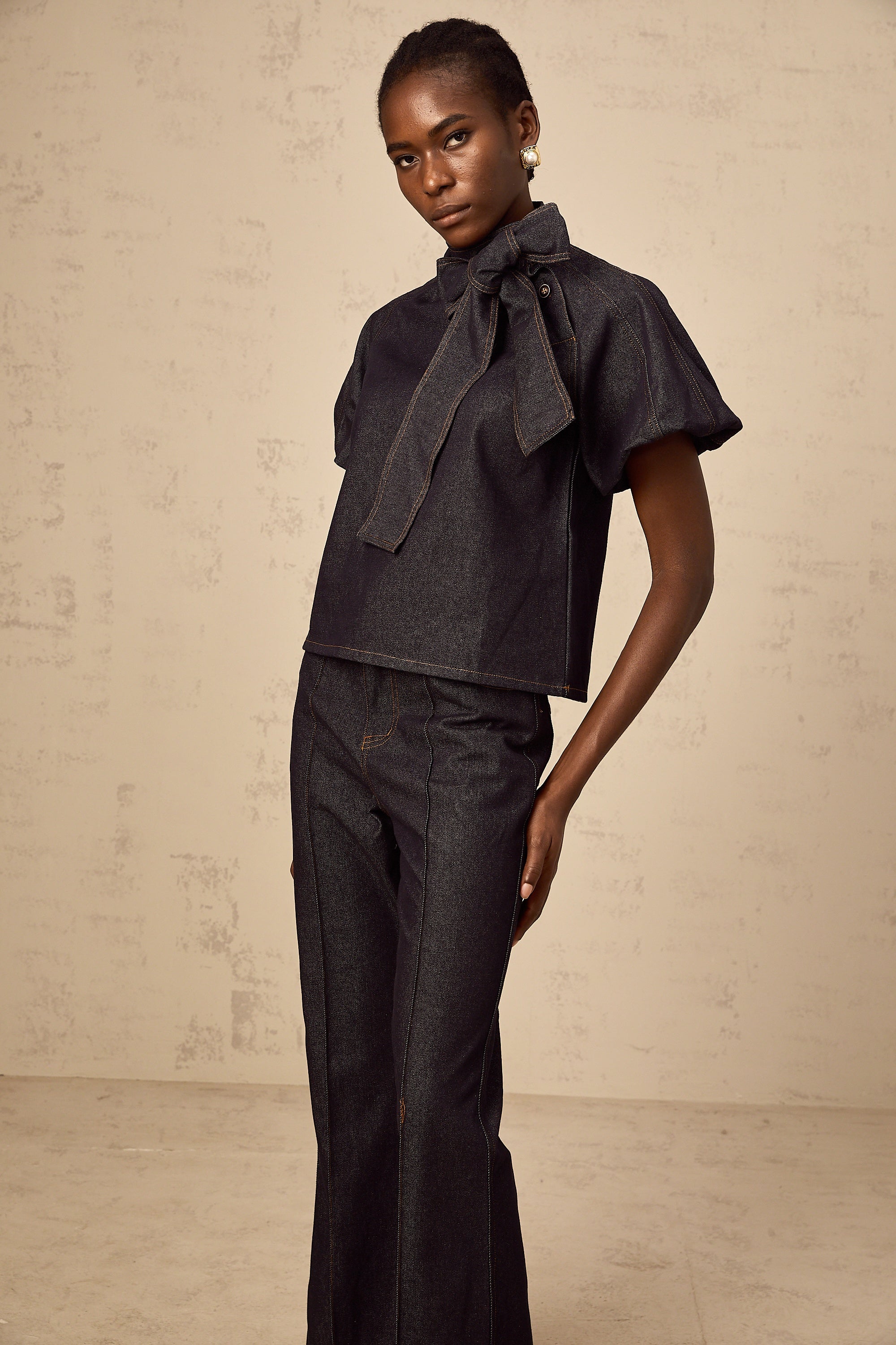 Roxane indigo-blue contrast-stitching denim blouse & jeans matching set