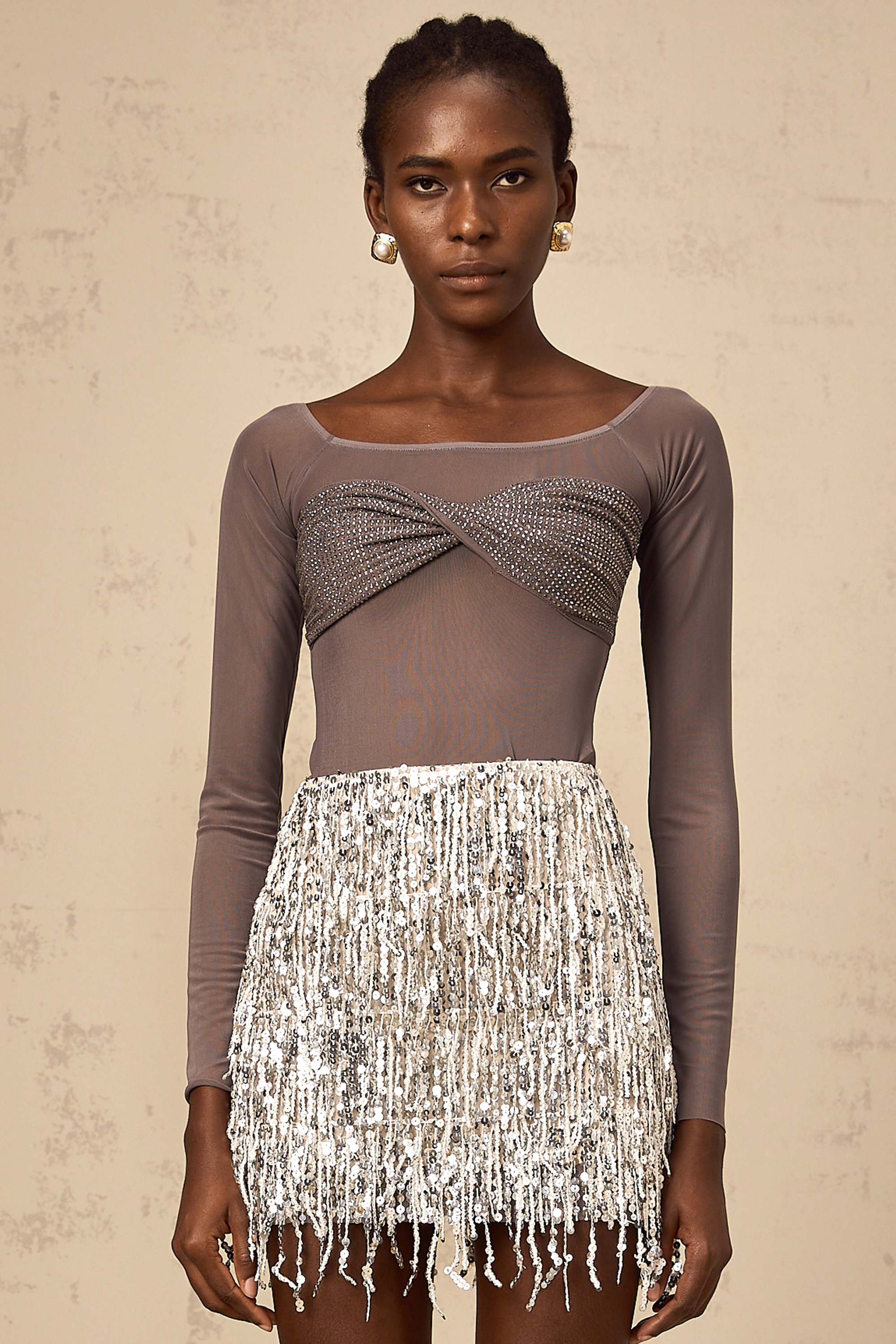 Félicie grey twist-detail embellished tulle top