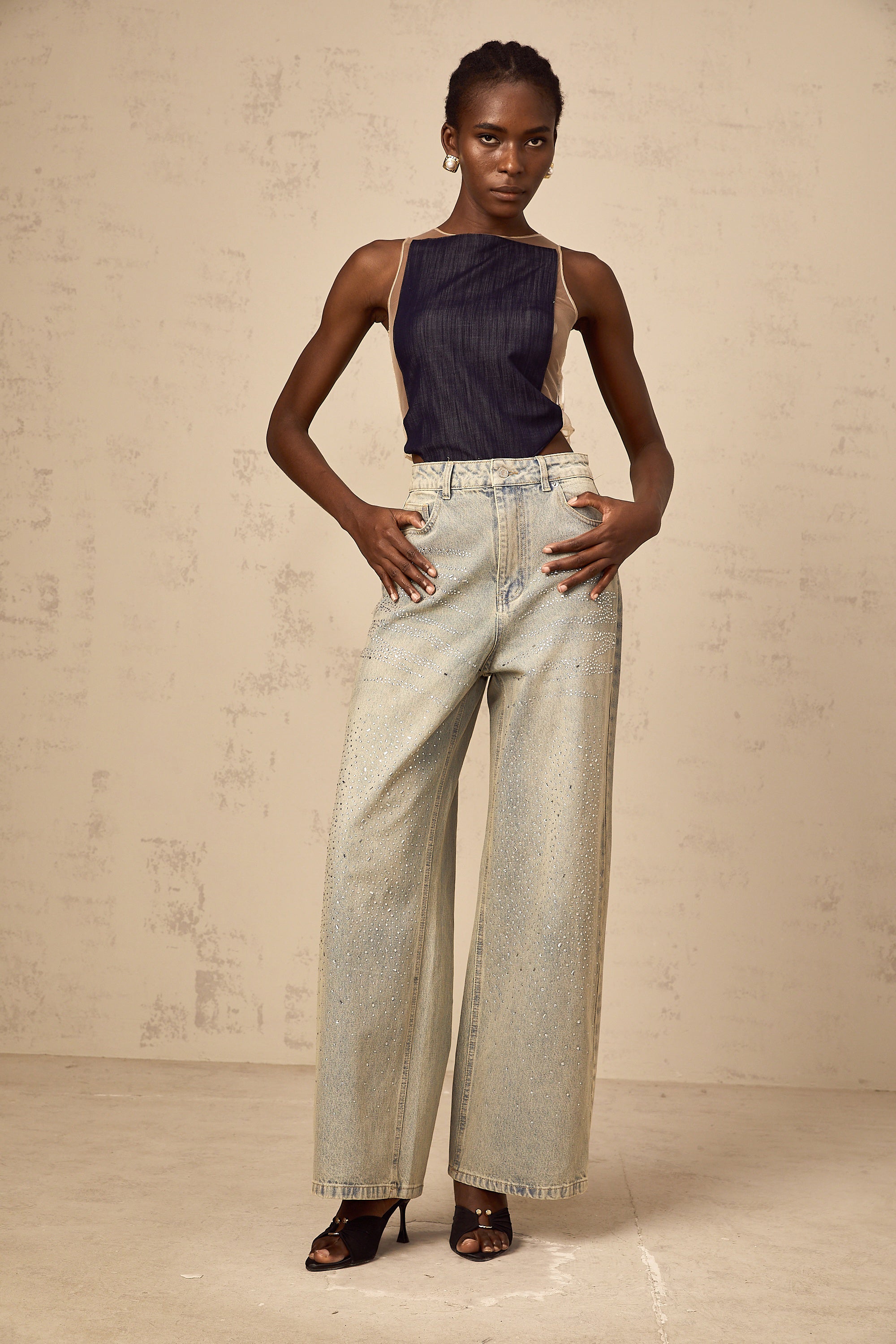 Sandrine blue denim semi-sheer bodysuit (Final Sale)