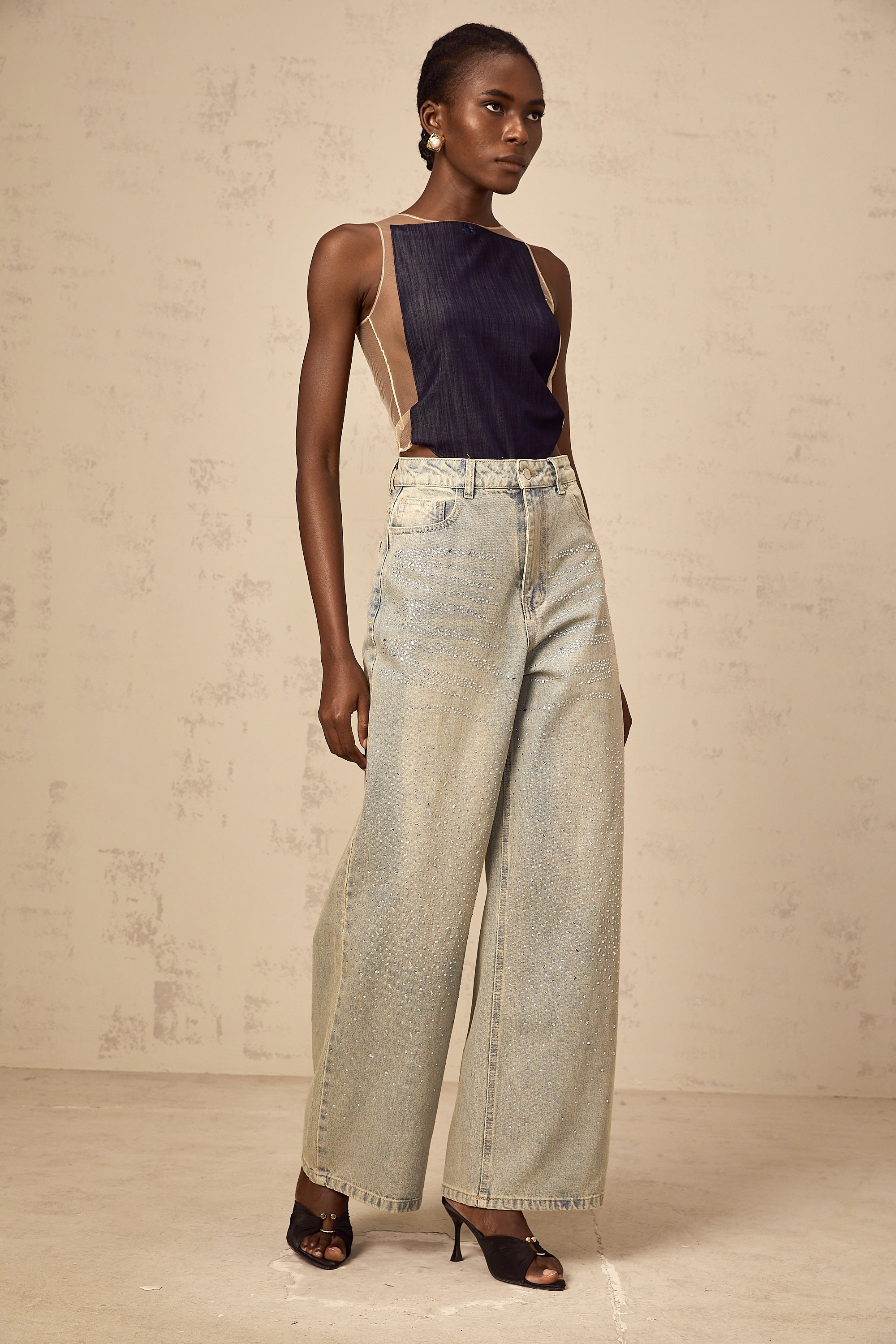 Sandrine blue denim semi-sheer bodysuit