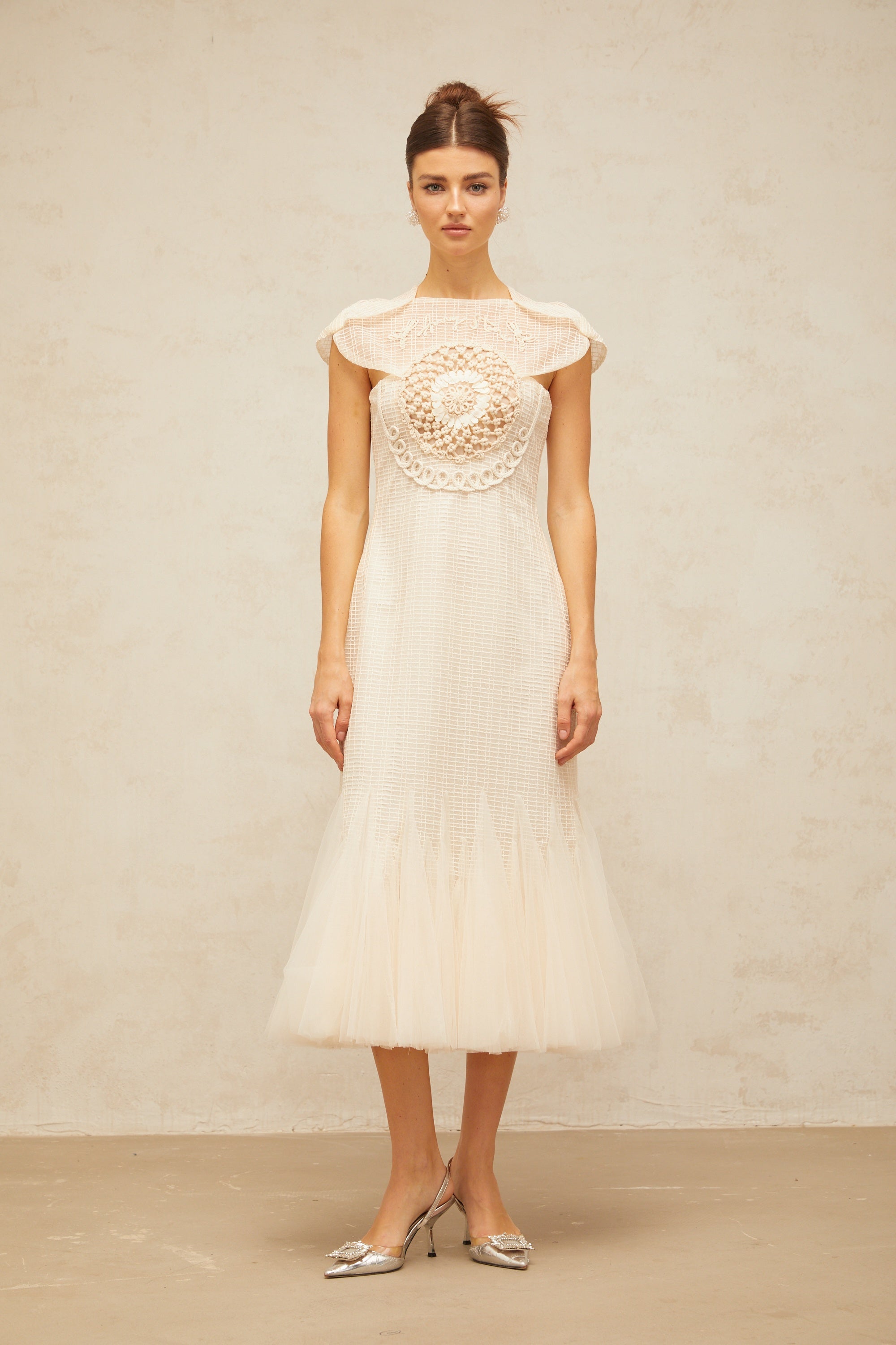 Bérengère white jacquard tulle-panel midi dress