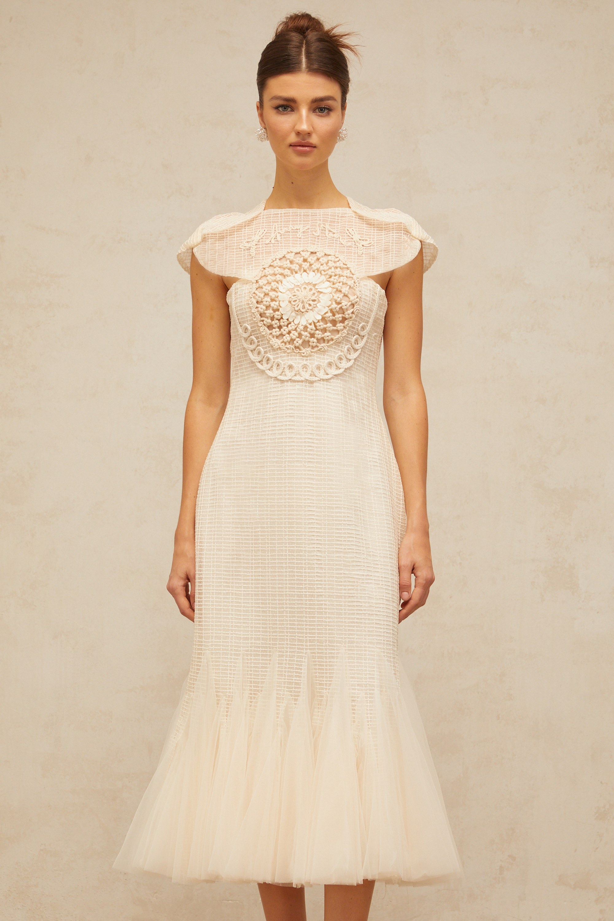 Bérengère white jacquard tulle-panel midi dress