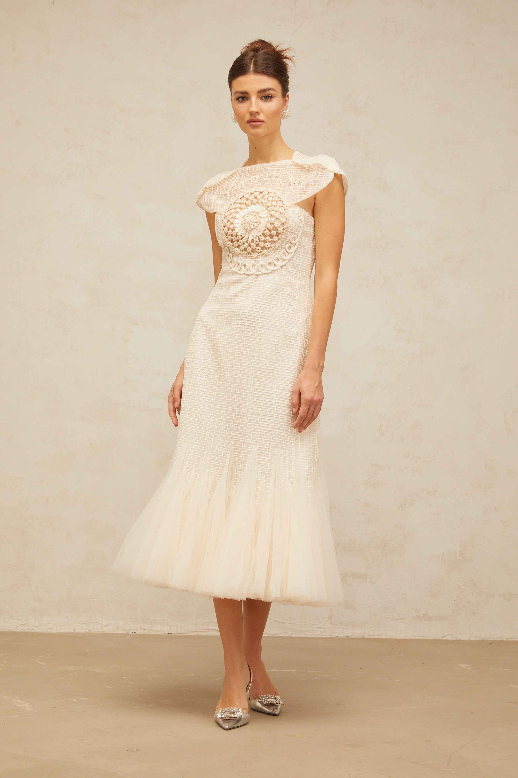Bérengère white jacquard tulle-panel midi dress