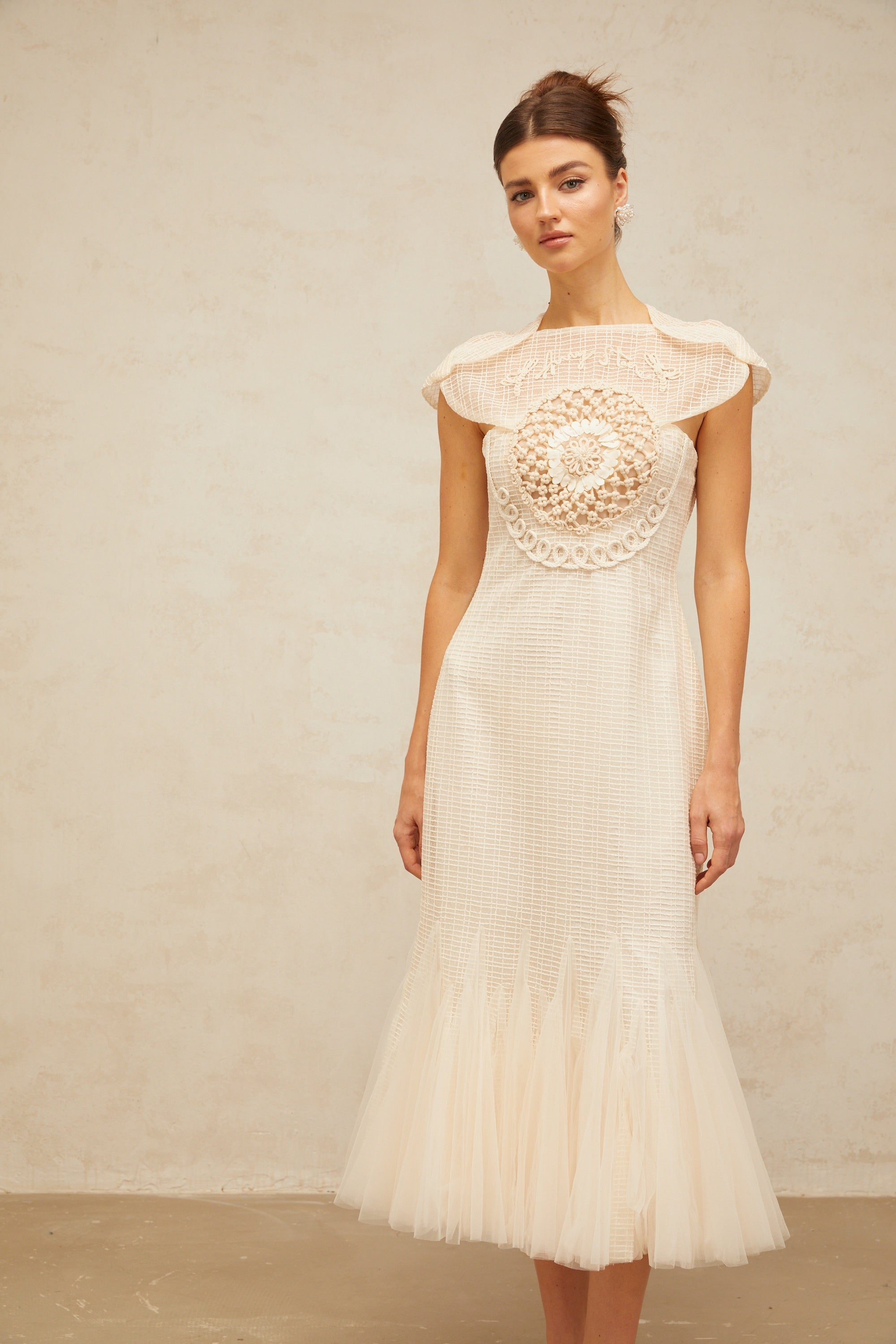 Bérengère white jacquard tulle-panel midi dress