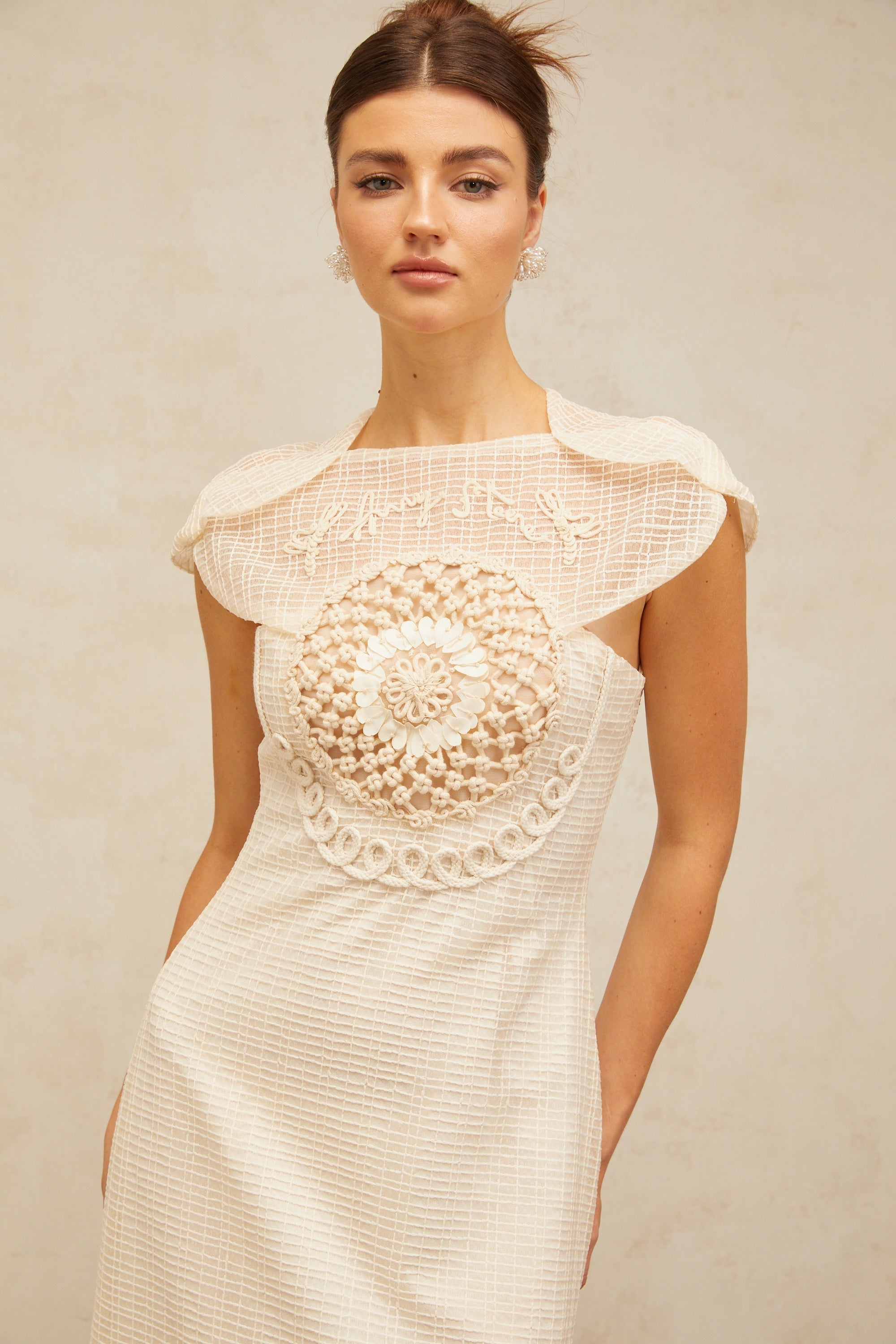 Bérengère white jacquard tulle-panel midi dress