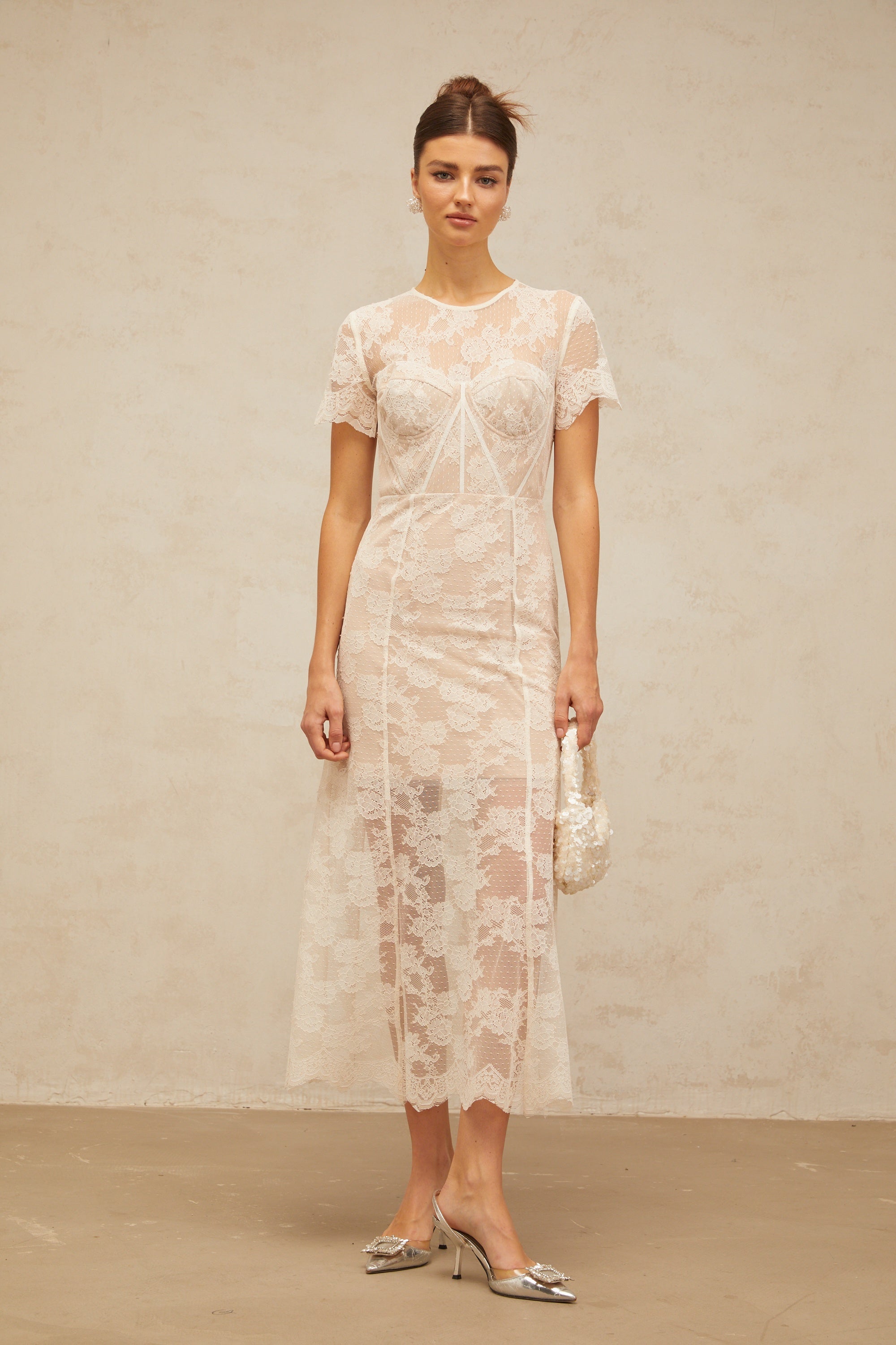 Célia floral-lace midi dress in White