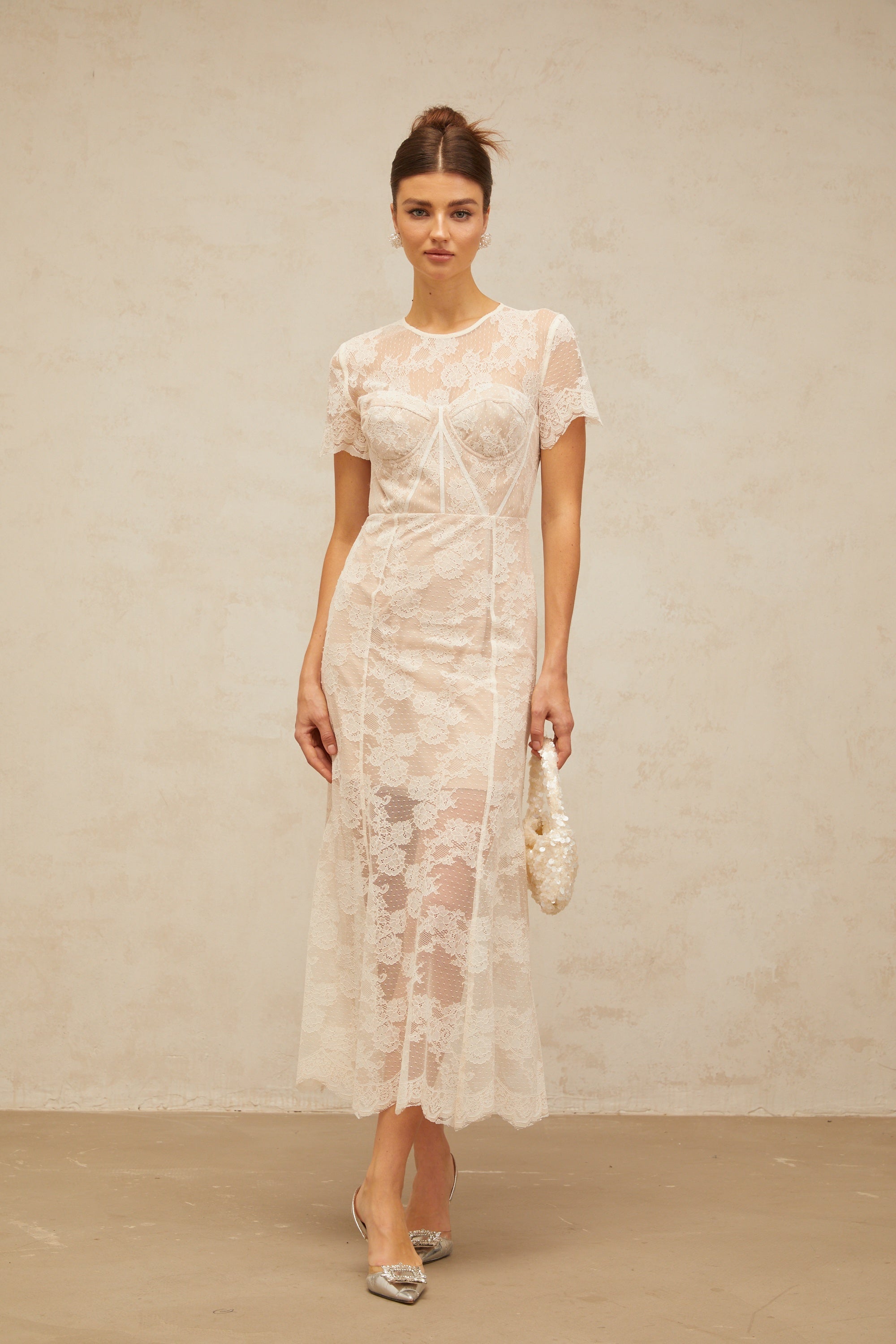 Célia floral-lace midi dress in White