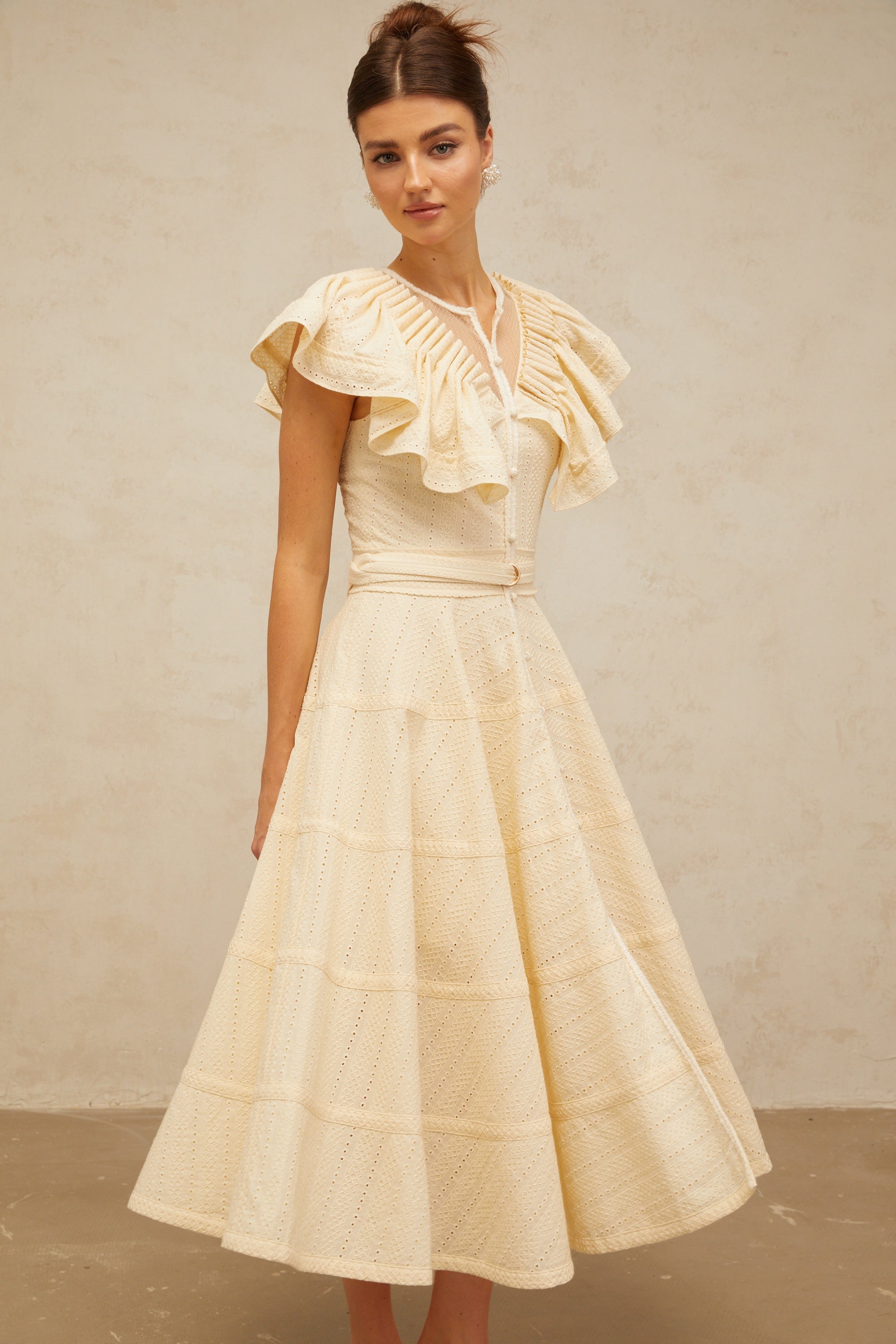 Irène neutrals belted pointelle-trim ruffled midi dress