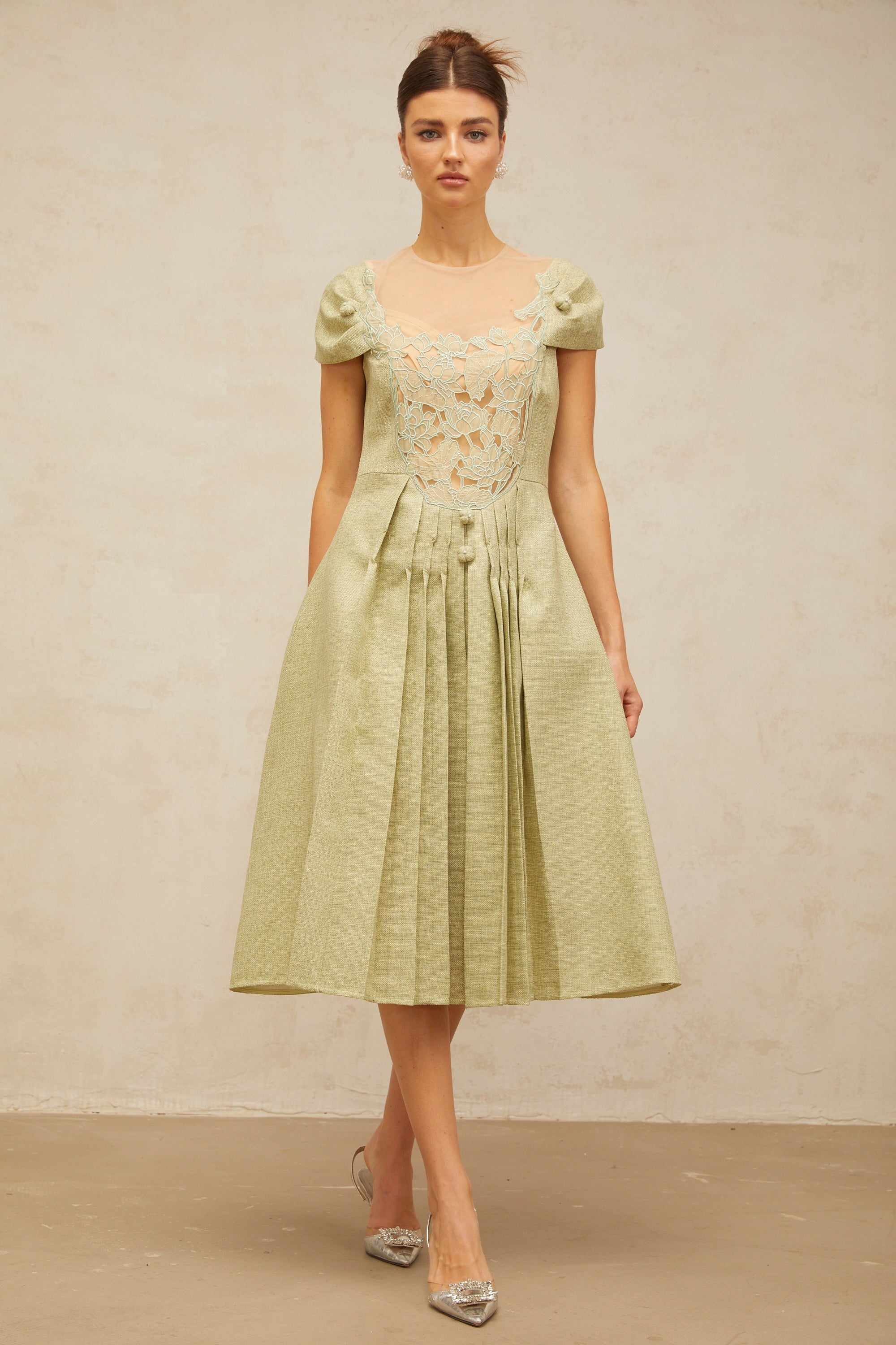 Marianne green flower-motif pleated midi dress