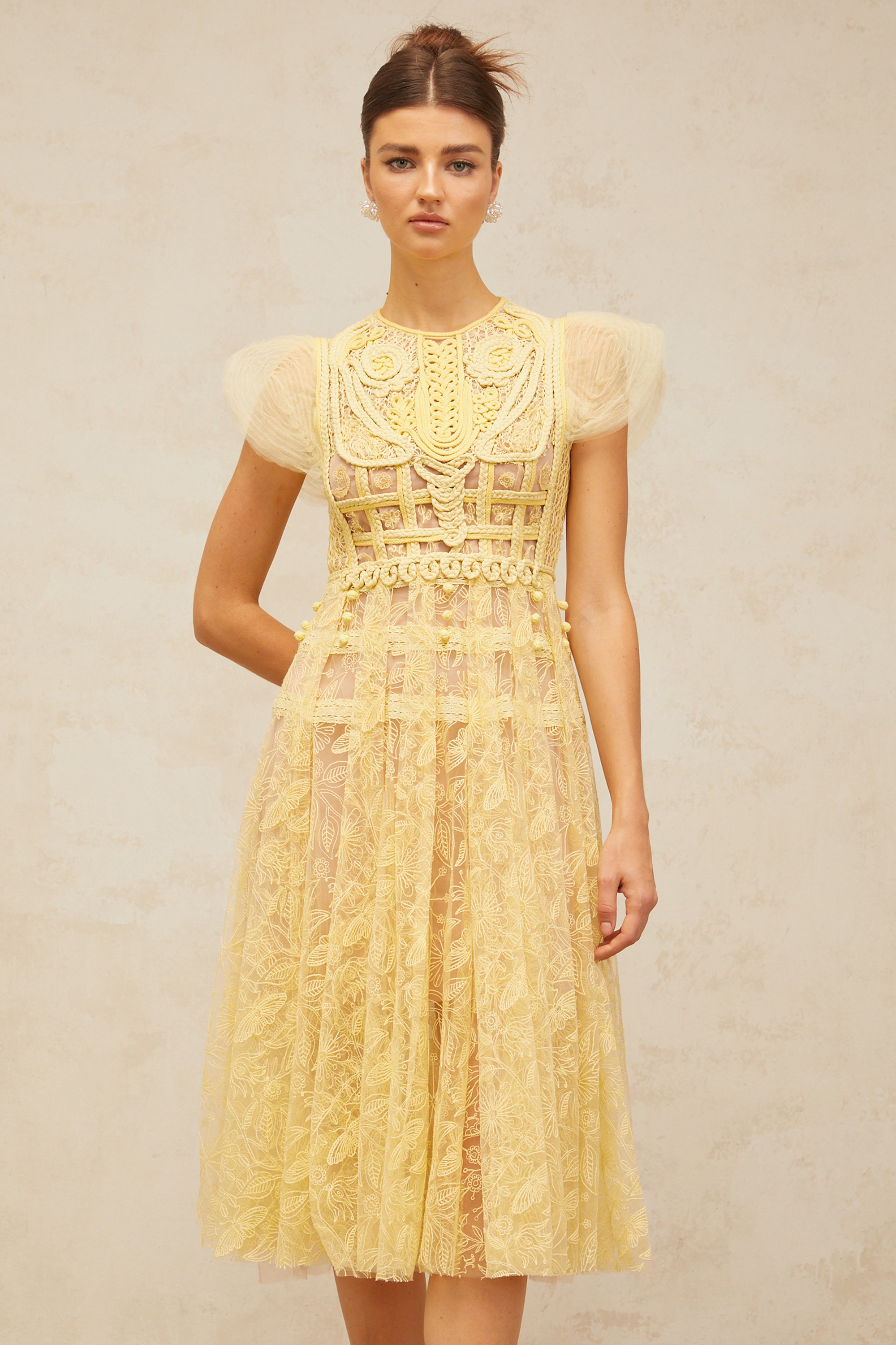 Véronique yellow embroidered-lace pleated midi dress (Final Sale-US Only)