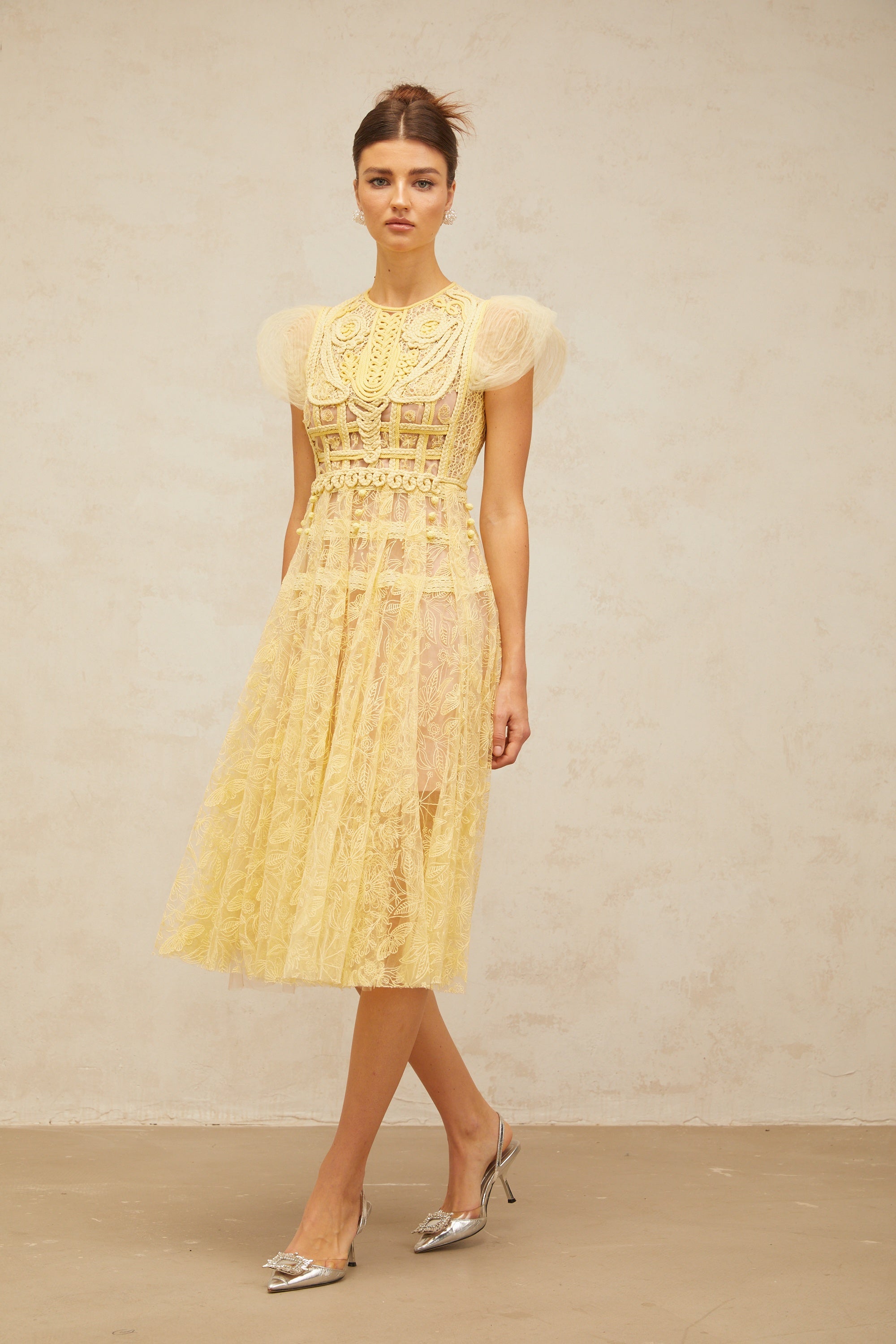 Véronique yellow embroidered-lace pleated midi dress (Final Sale-US Only)