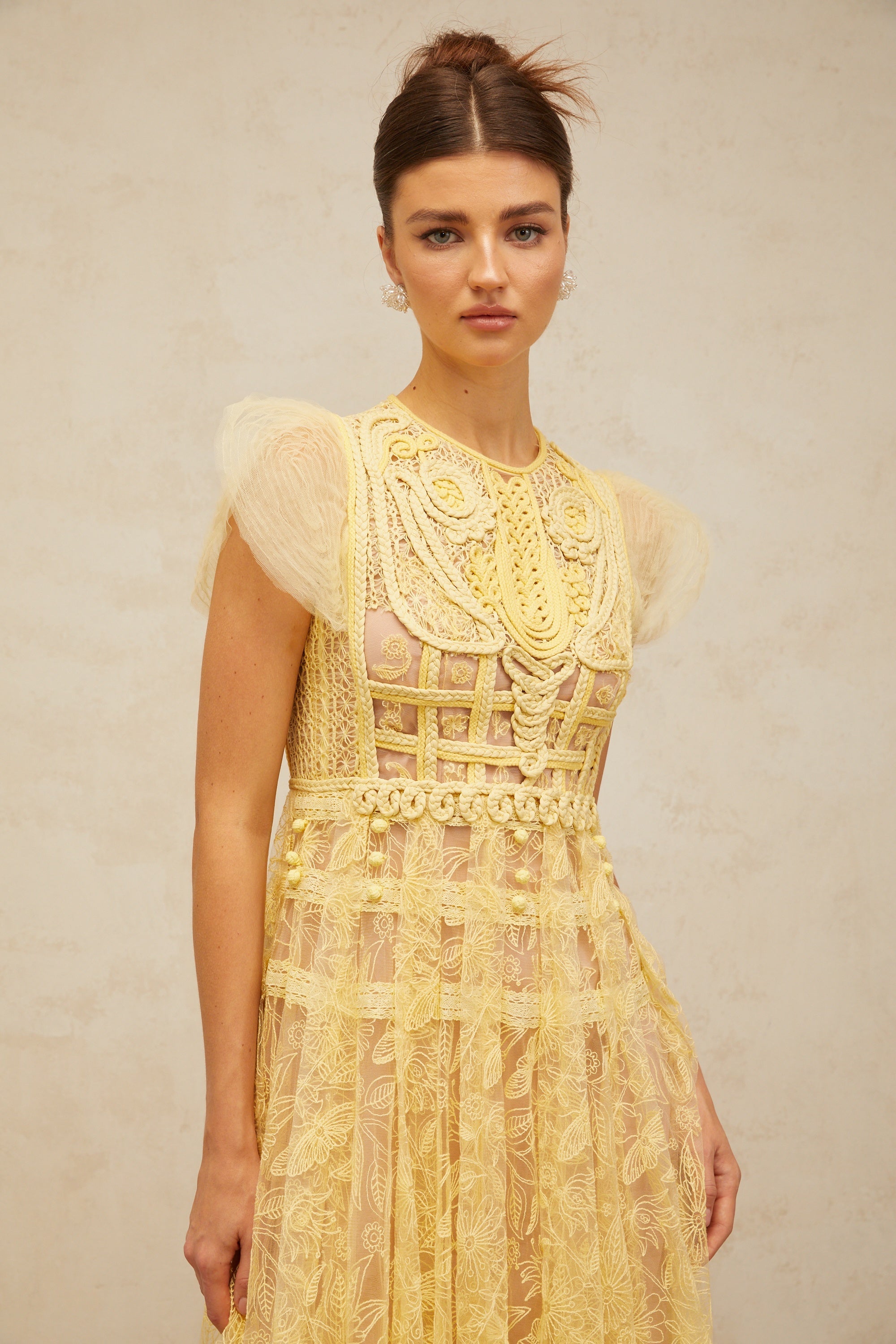 Véronique yellow embroidered-lace pleated midi dress (Final Sale-US Only)