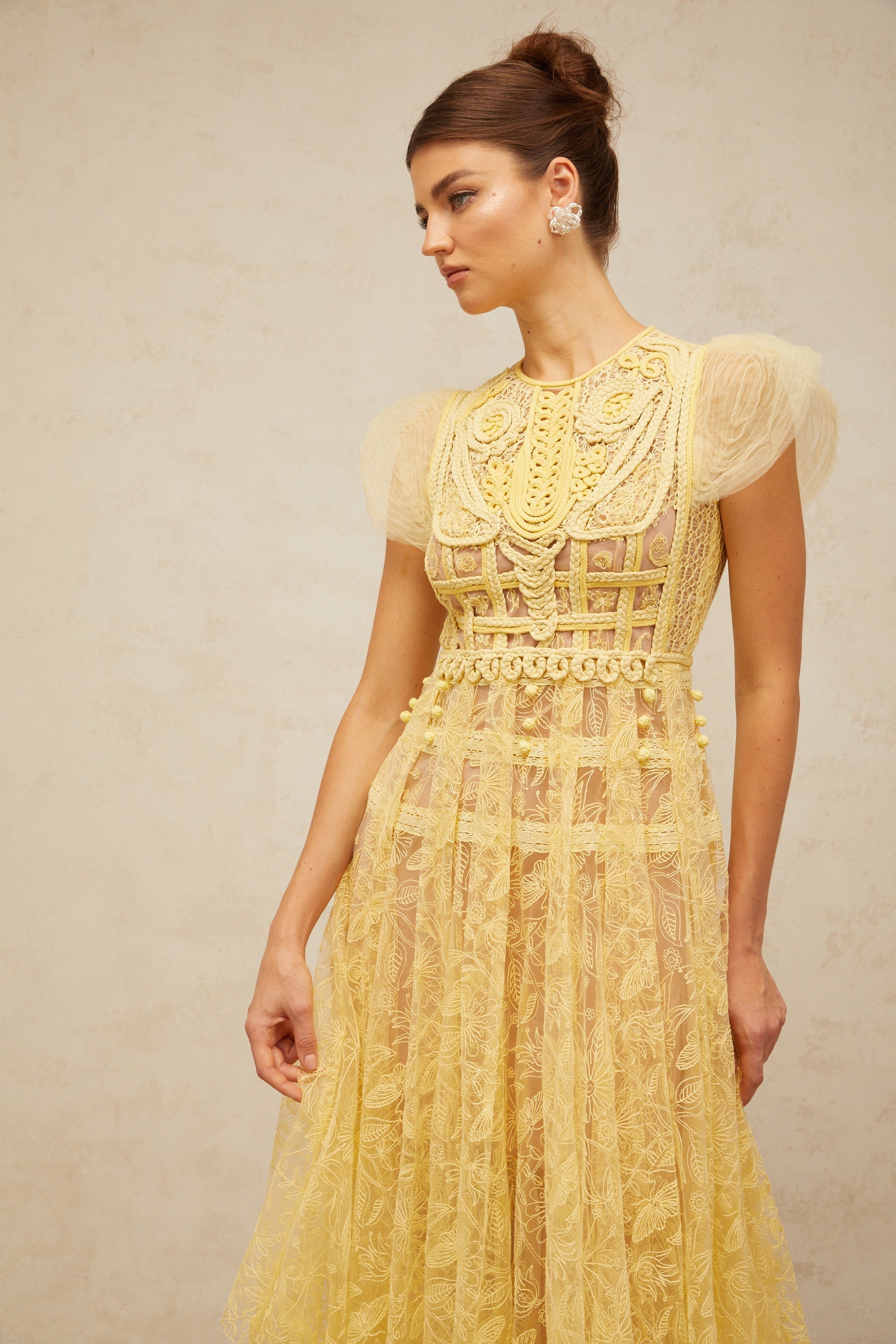 Véronique yellow embroidered-lace pleated midi dress