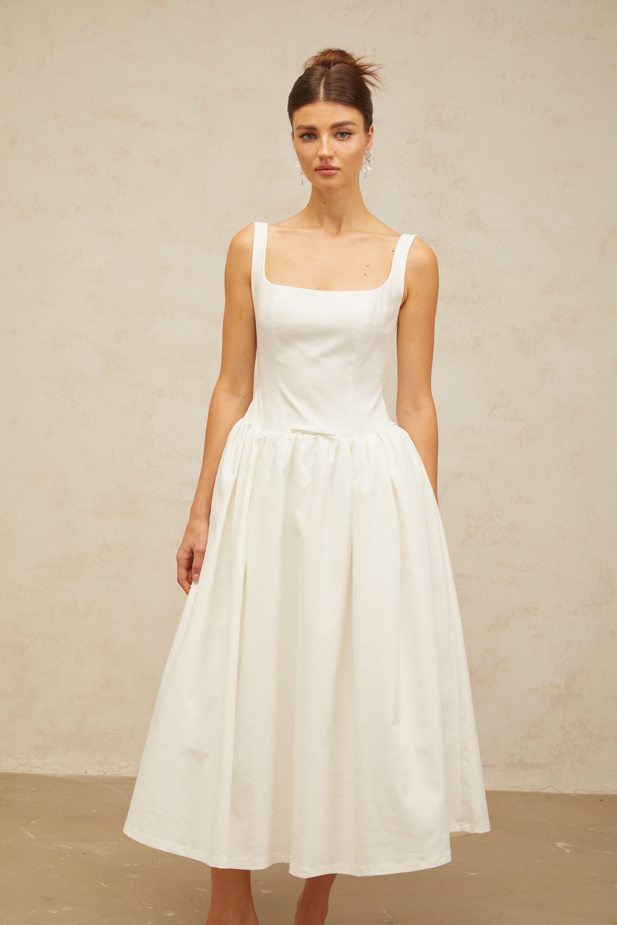 Perrine white bowknot flounce midi dress
