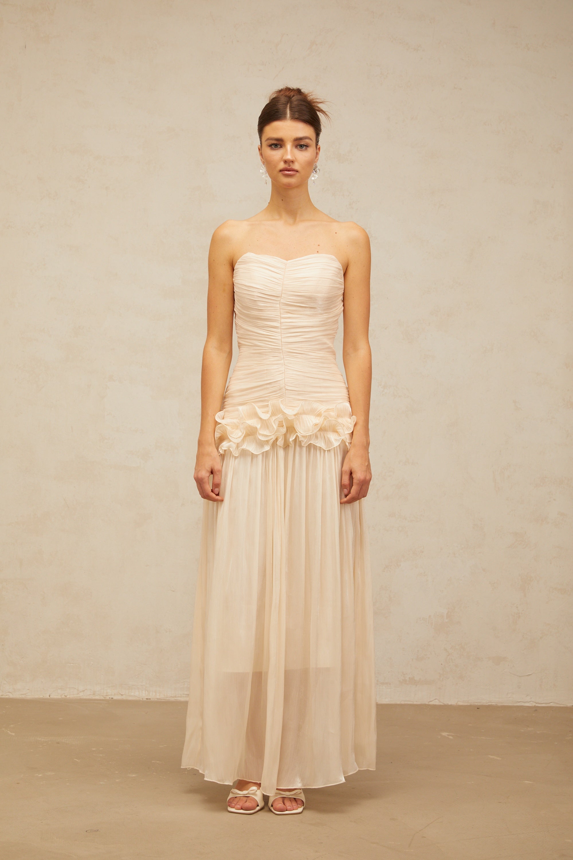 Céleste neutrals ruffled pleated maxi dress