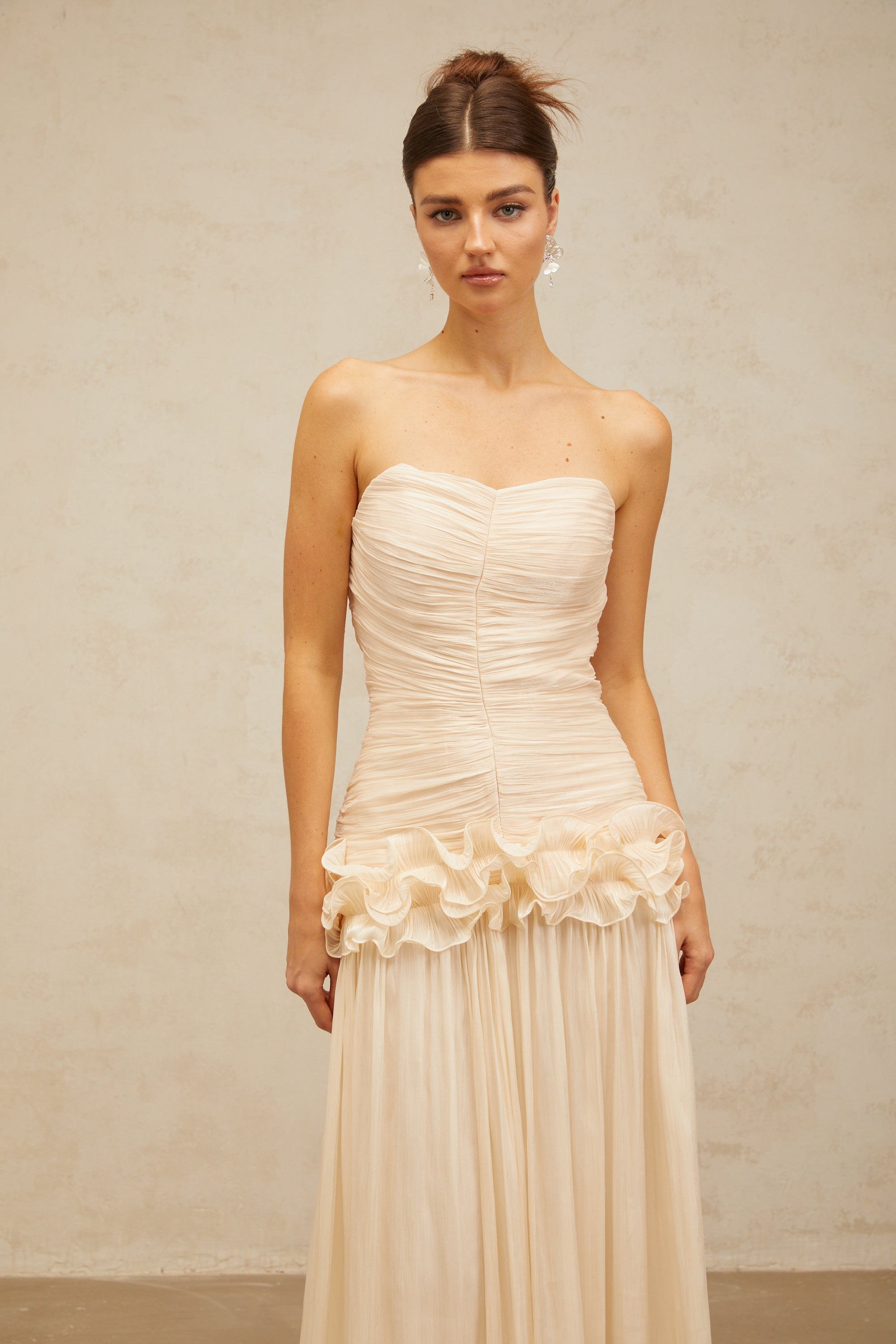 Céleste neutrals ruffled pleated maxi dress