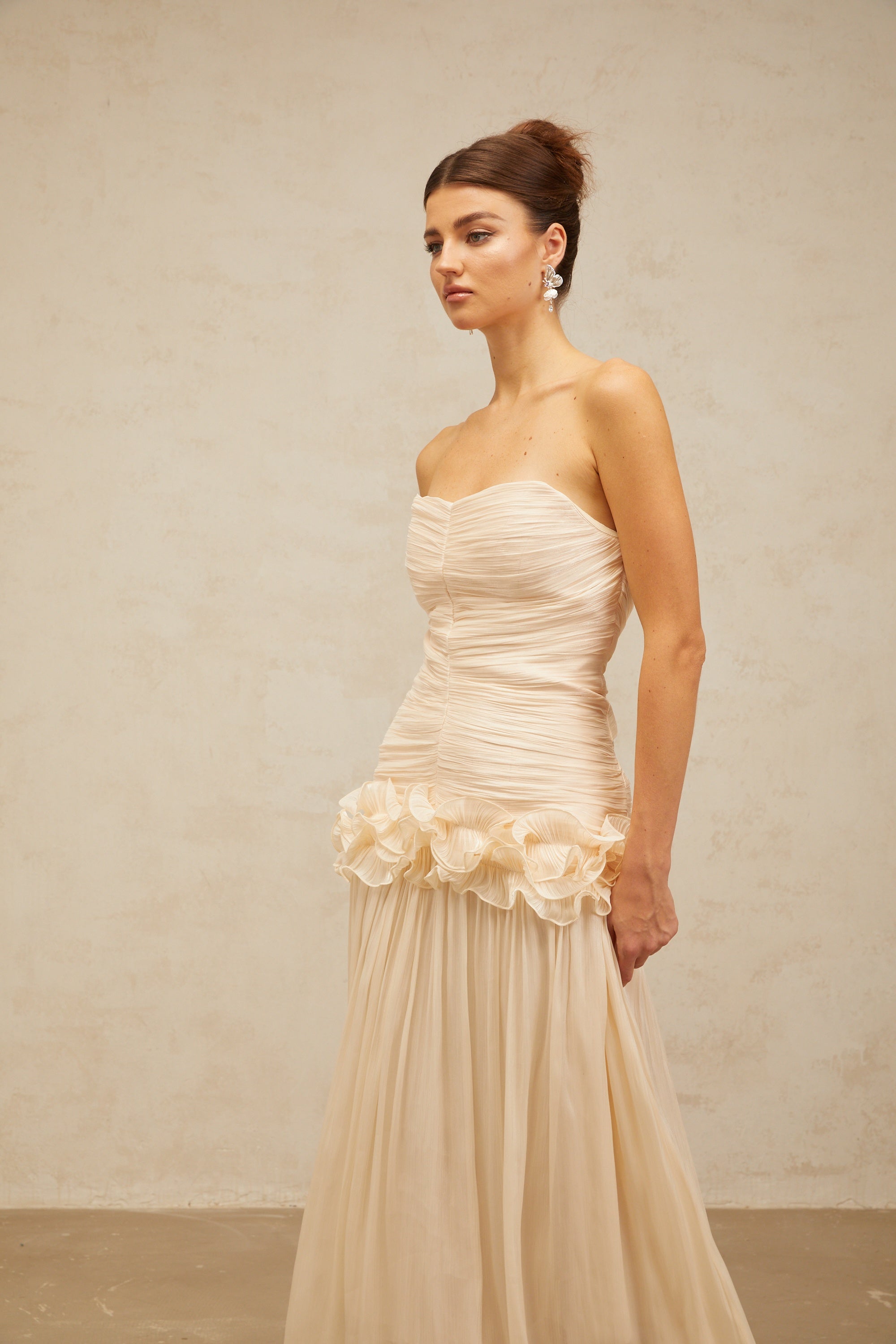 Céleste neutrals ruffled pleated maxi dress