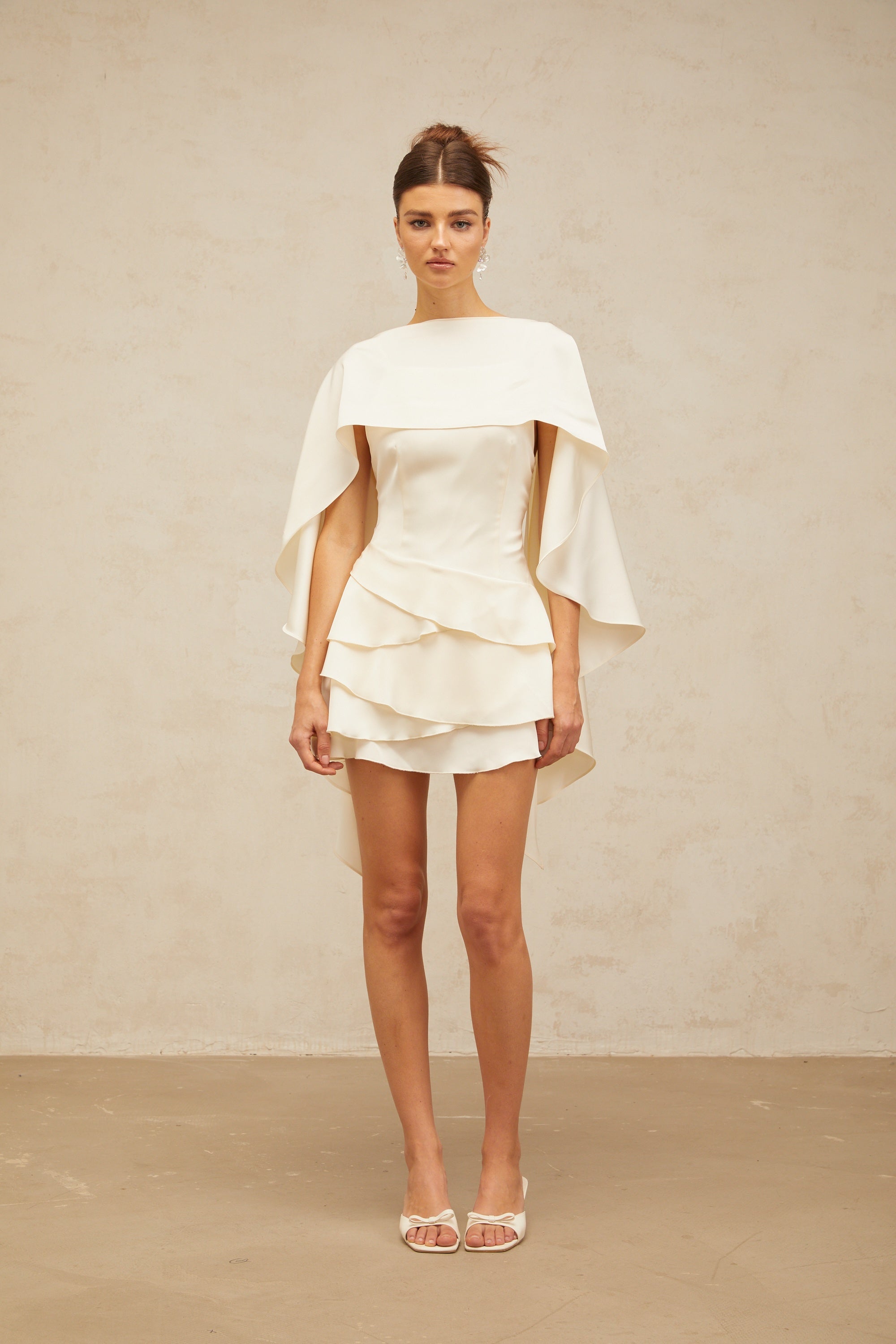 Lyna shawl-panel ruffled satin mini dress in White