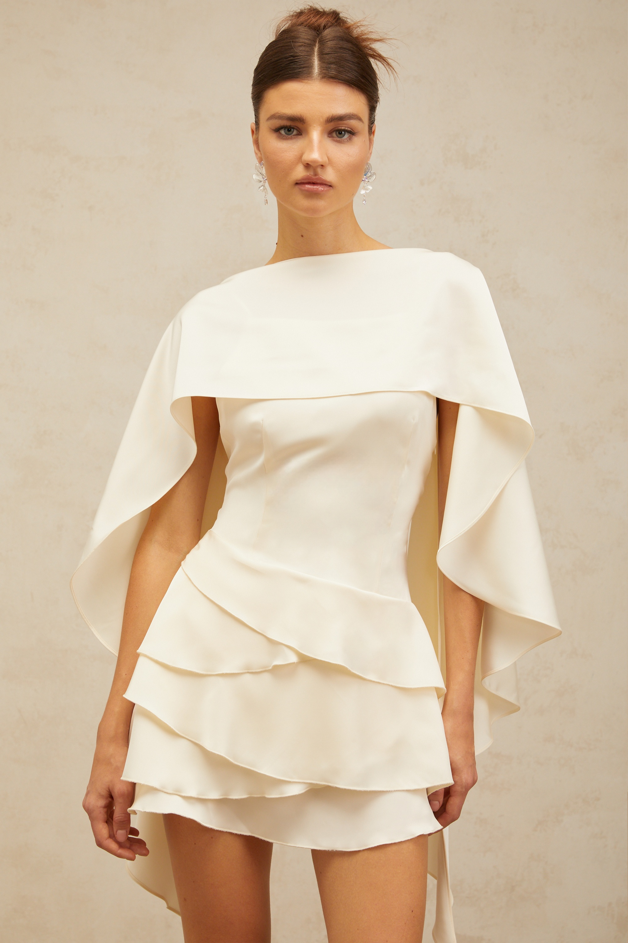 Lyna shawl-panel ruffled satin mini dress in White
