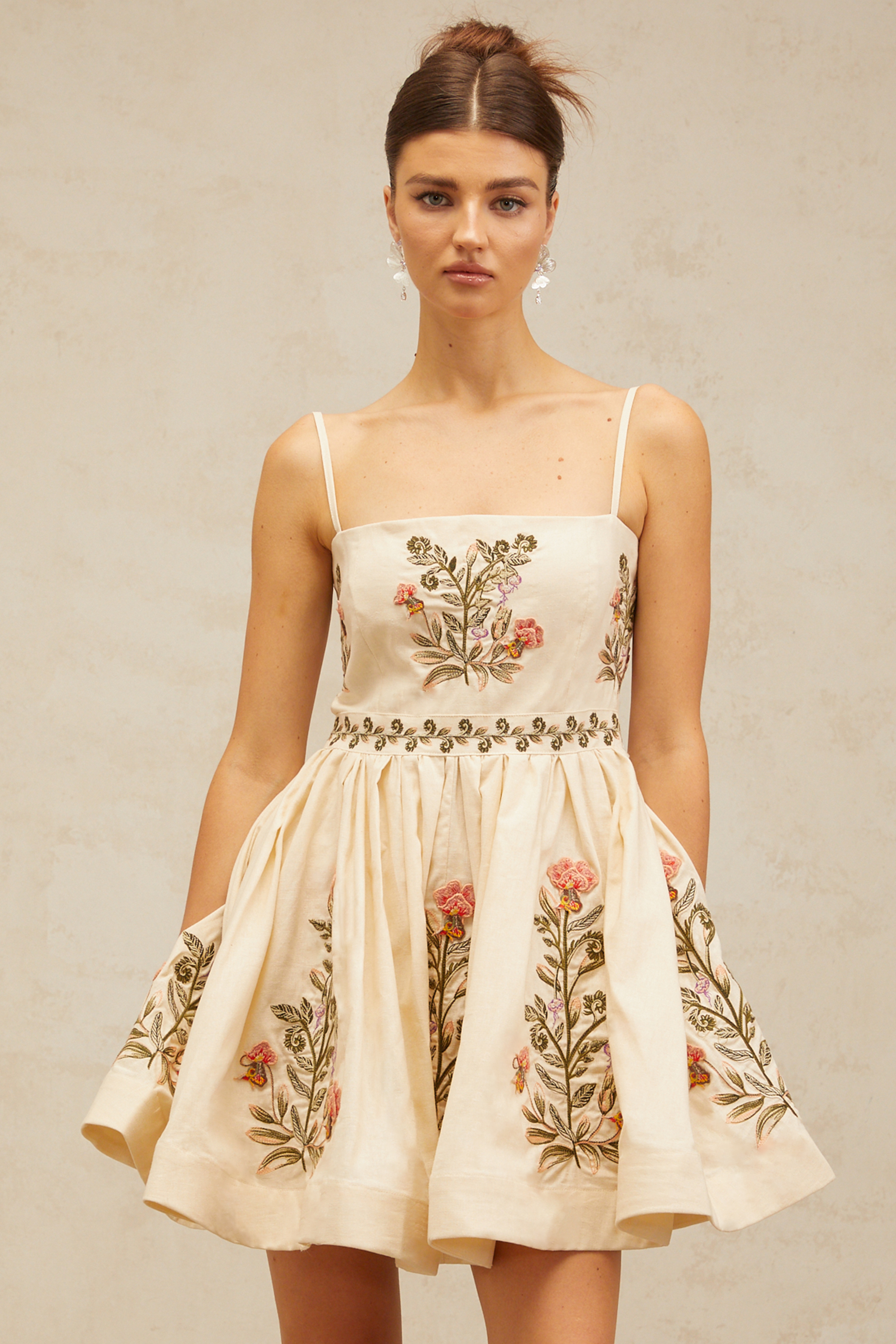 Noémie flower embroidered flared mini dress