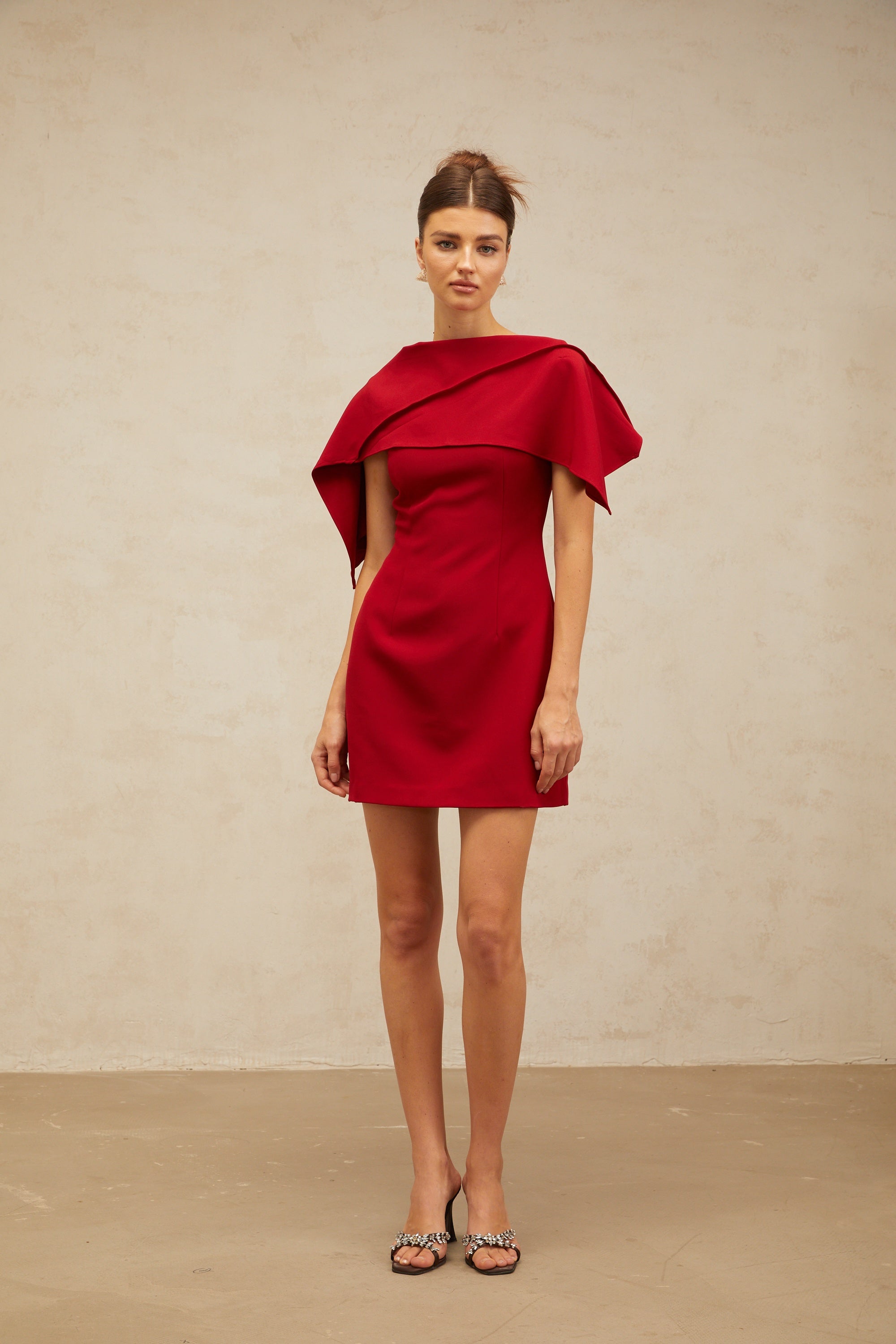 Constance wine-red cape-design A-line mini dress