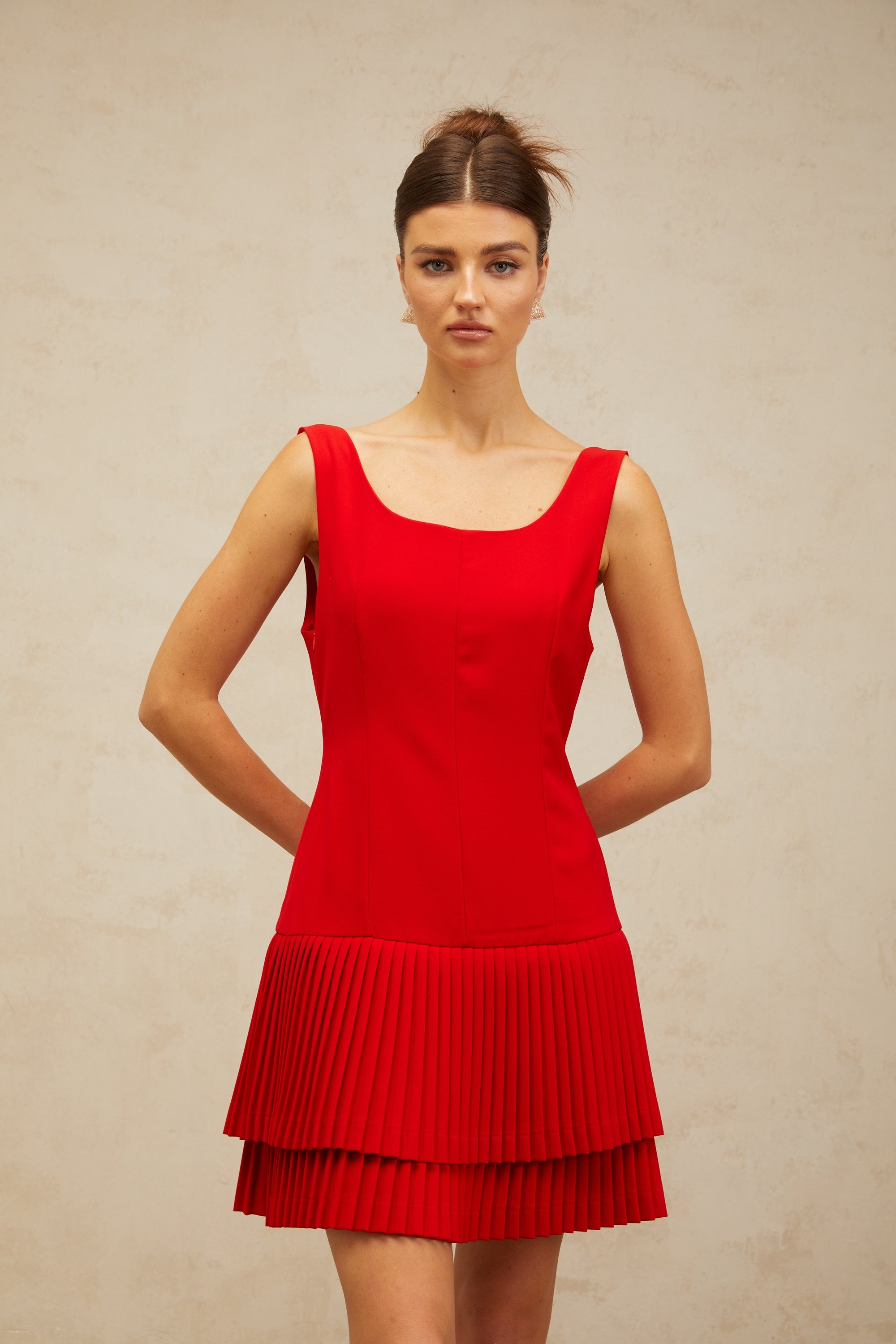 Natacha red pleated layered mini dress