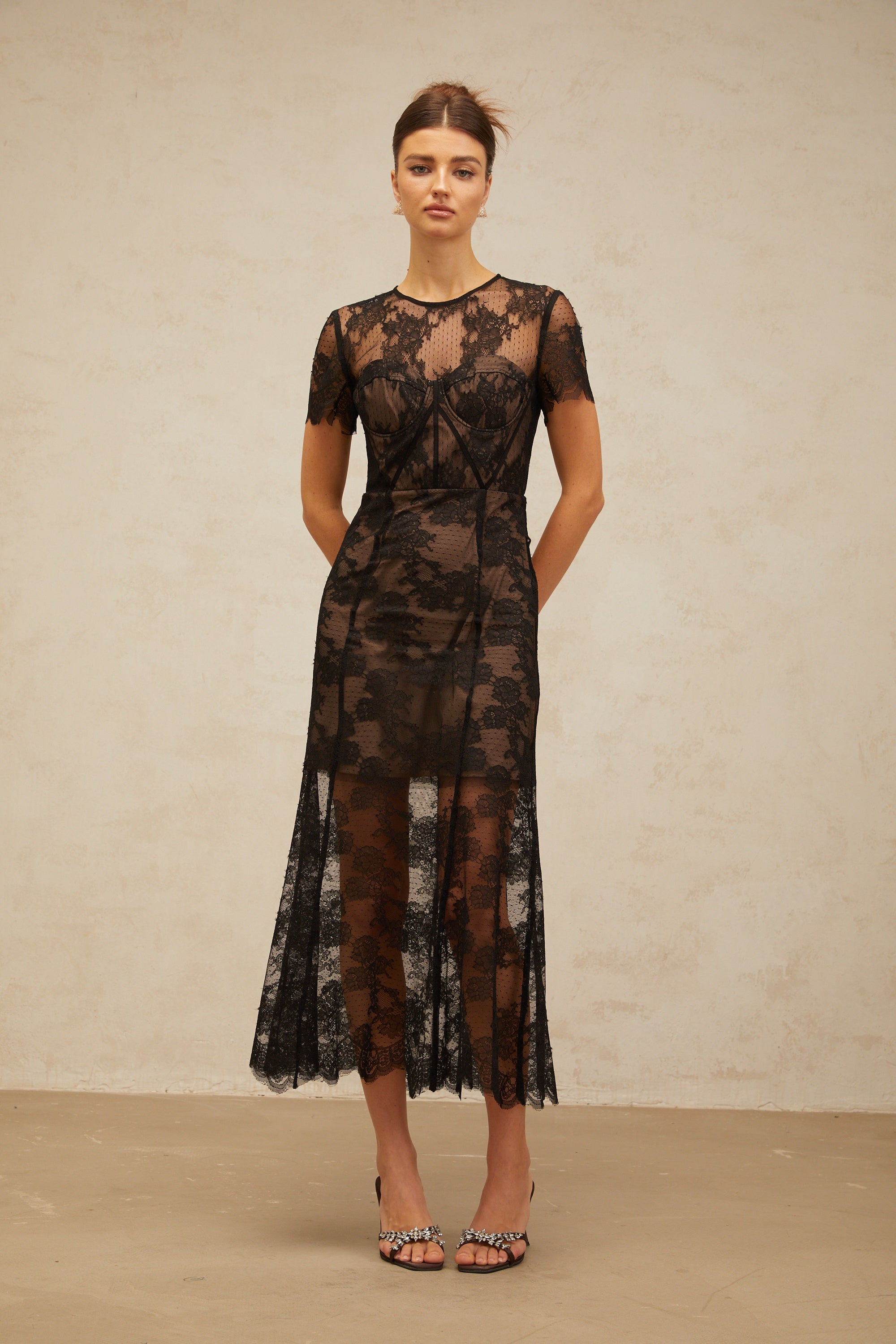 Célia floral-lace midi dress in Black