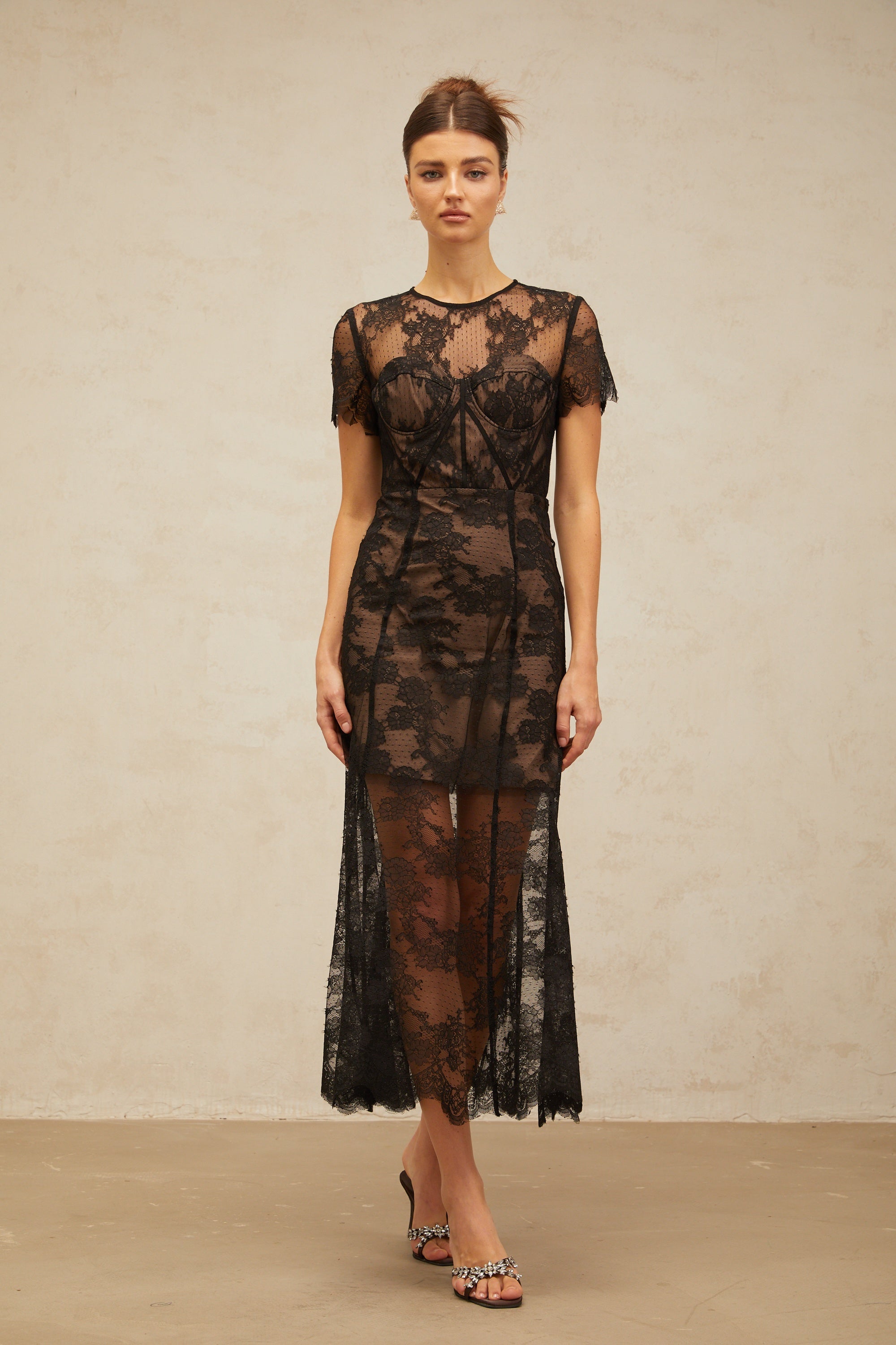 Célia floral-lace midi dress in Black