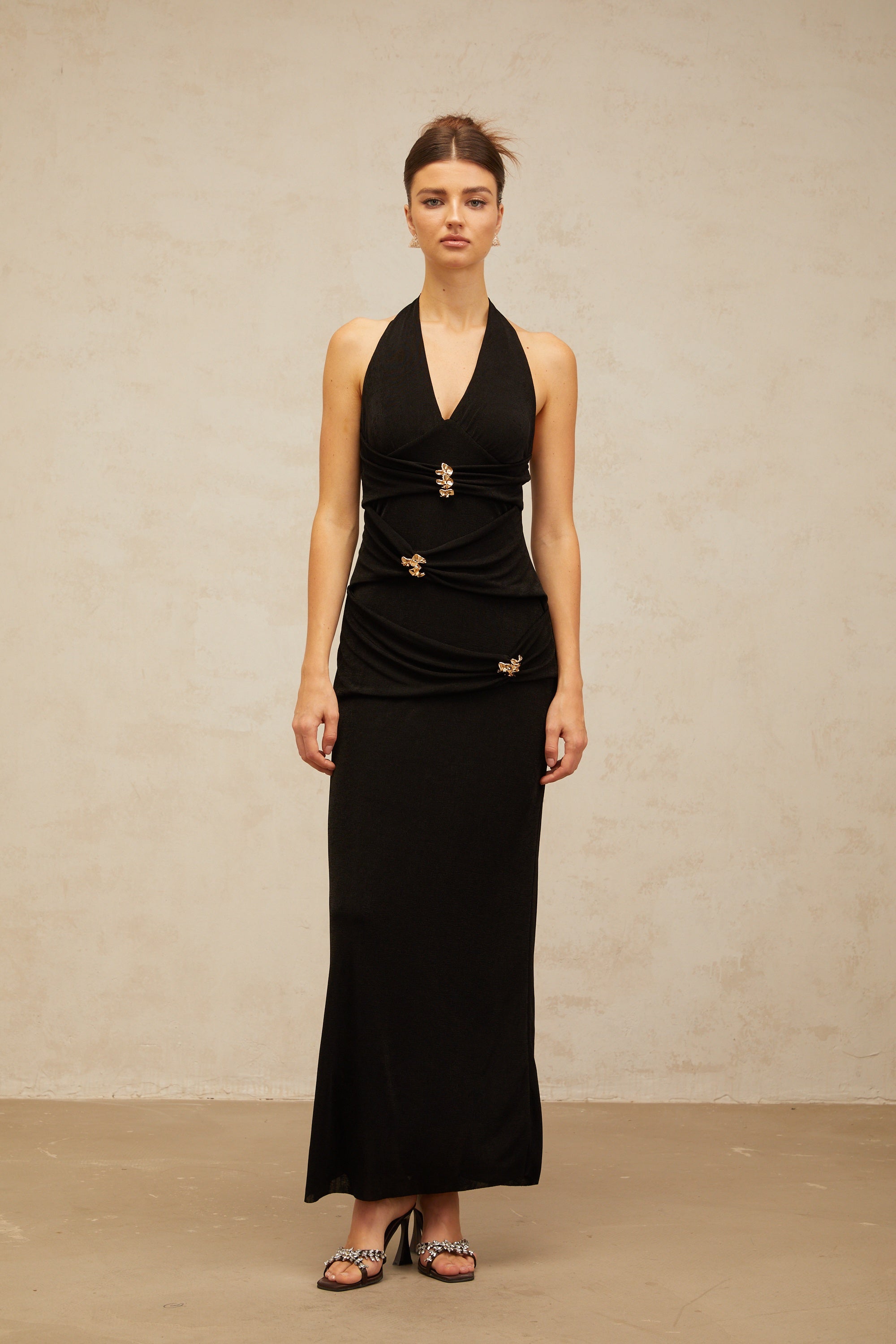 Bruyère black ruched halterneck maxi dress