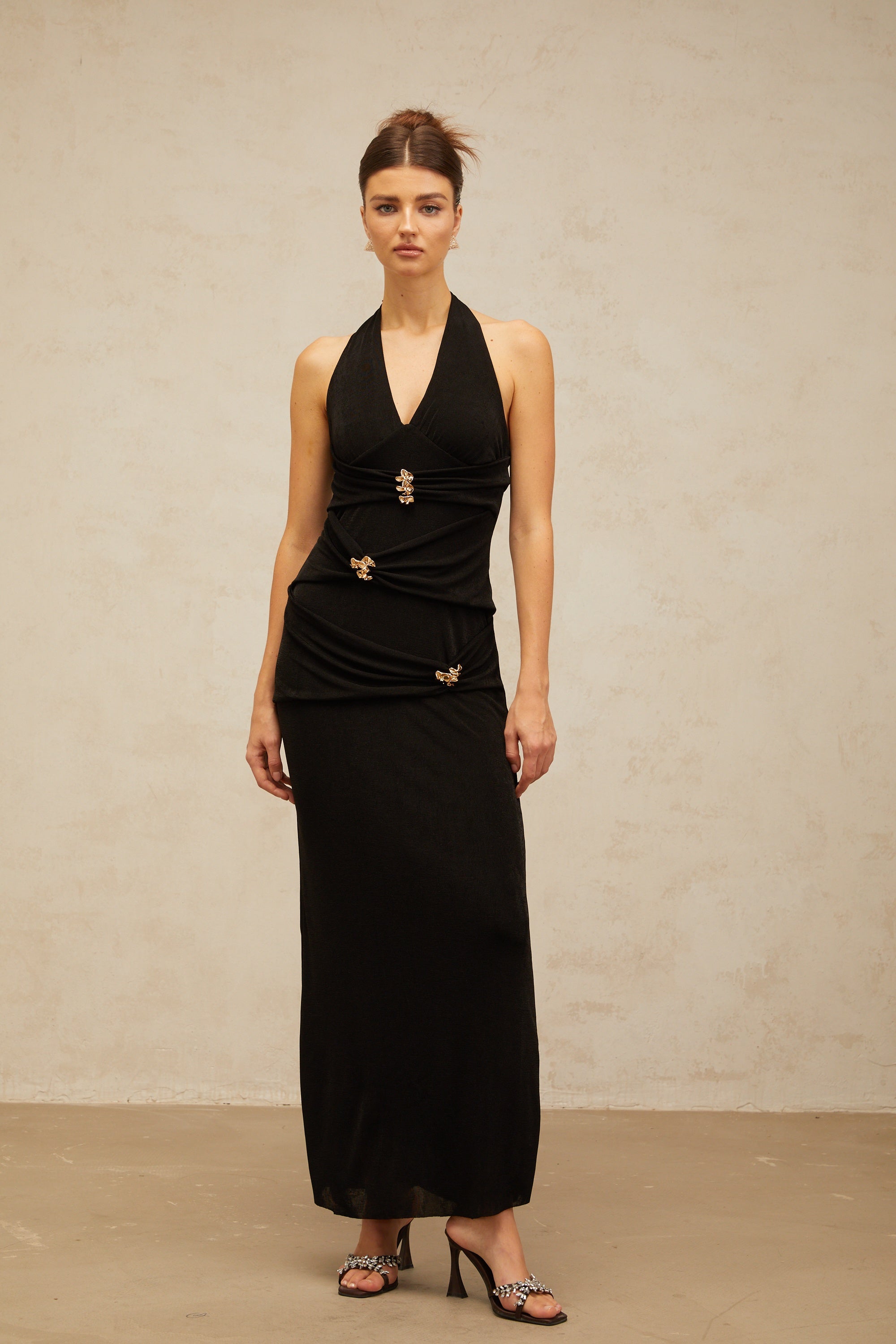 Bruyère black ruched halterneck maxi dress