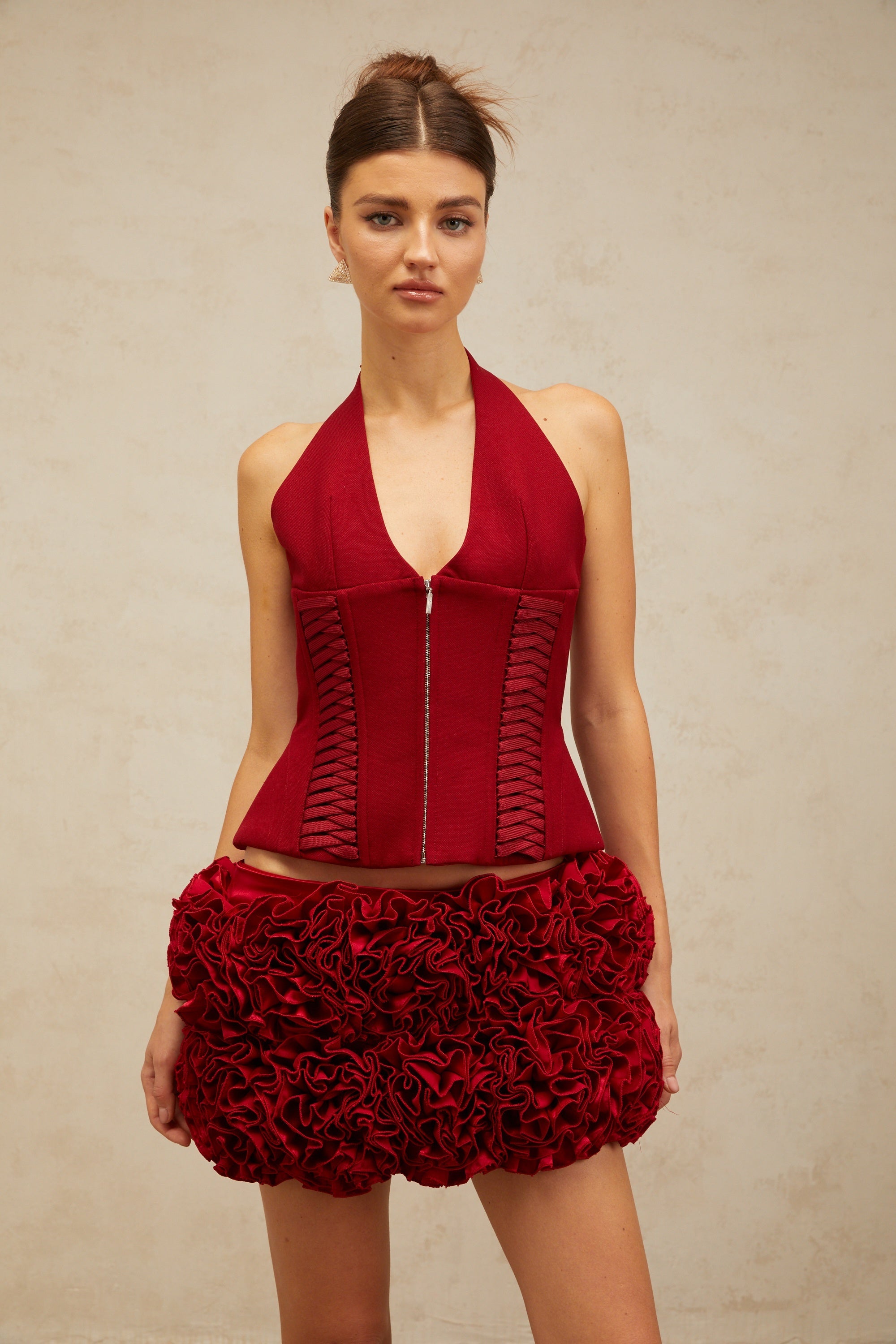 Paloma red halterneck lace-up top (Final Sale)