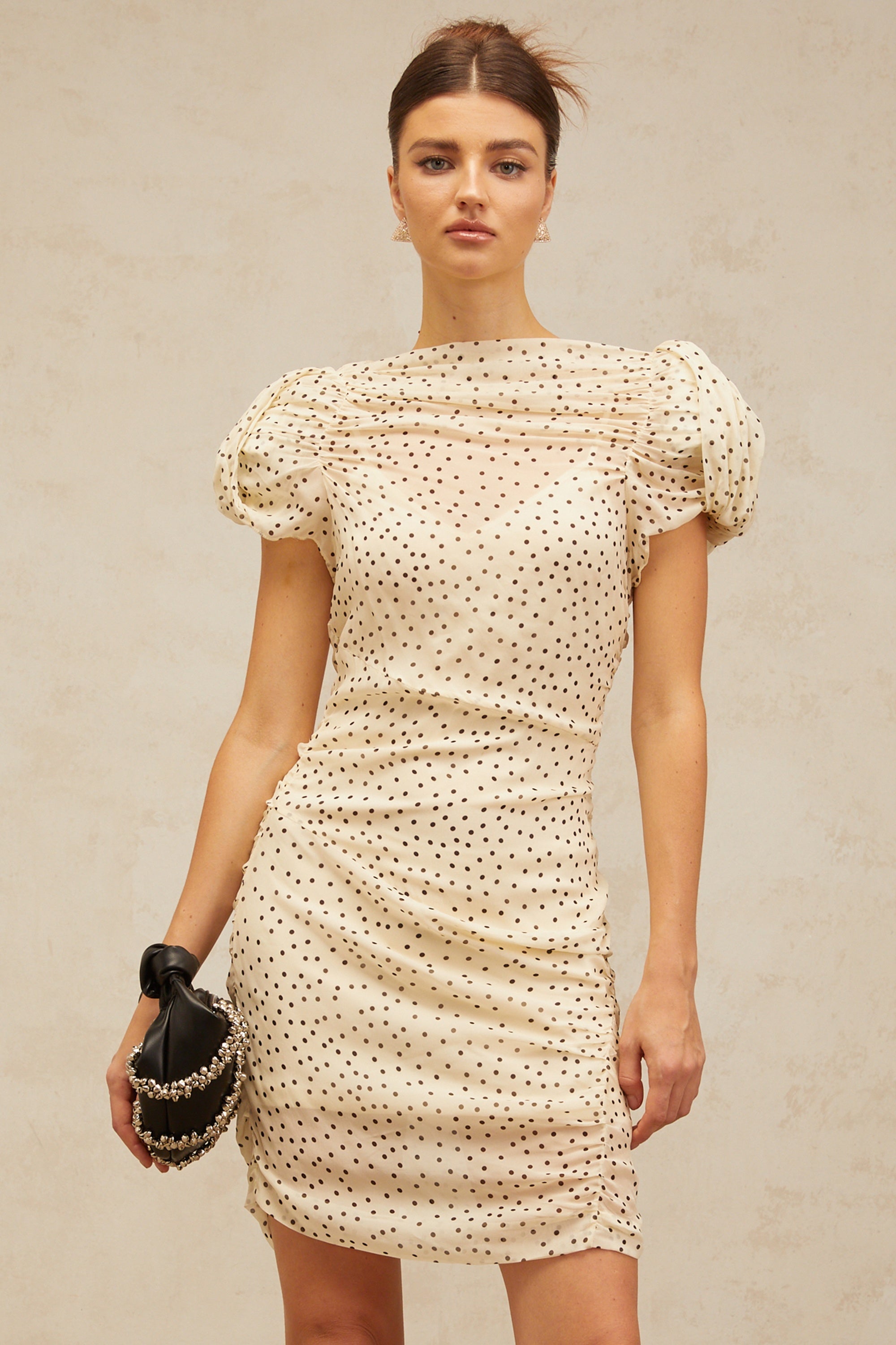 Dulcie neutrals polka-dot smocked mini dress
