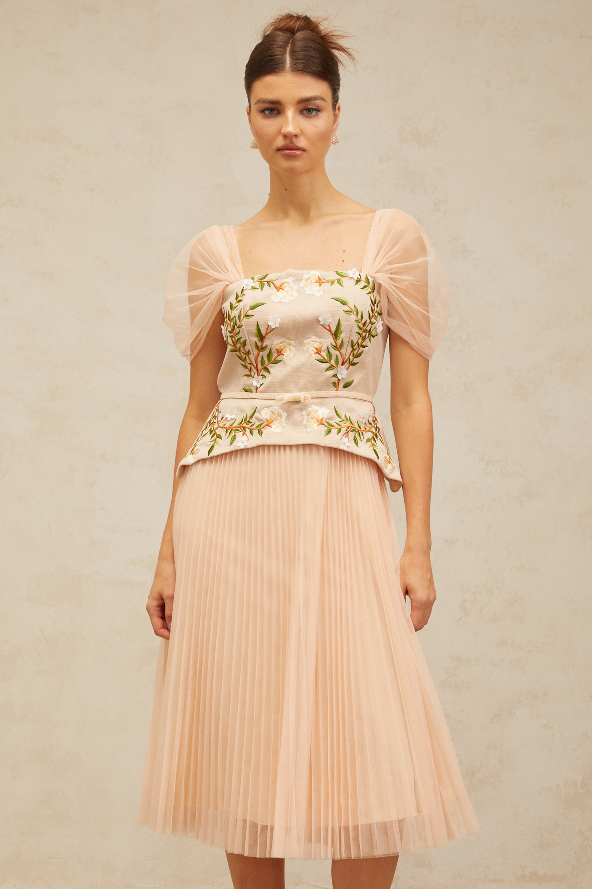 Anaëlle pink-beige flower-embroidered tulle midi dress