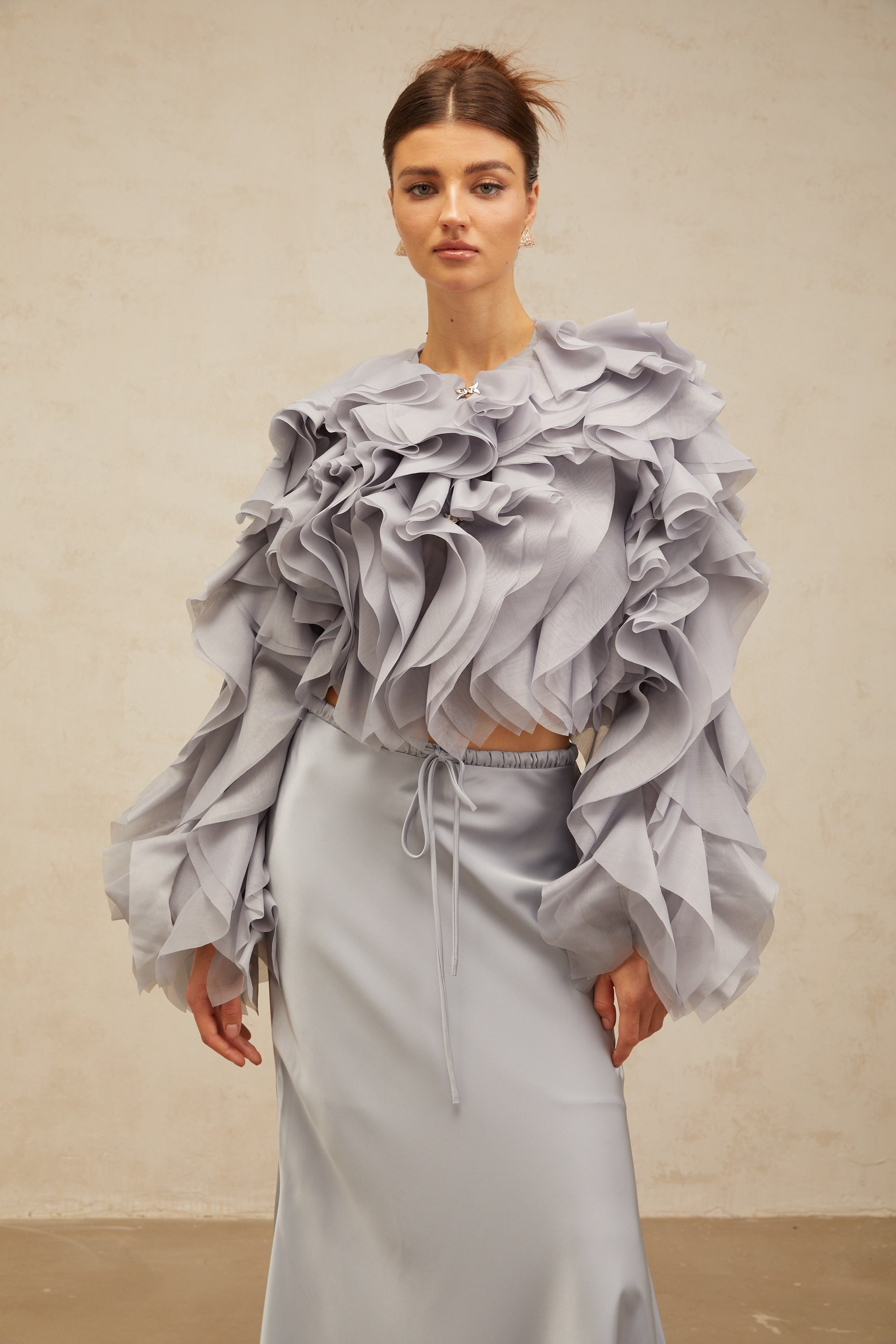 Zelda haze-blue bowknot ruffled blouse & skirt matching set