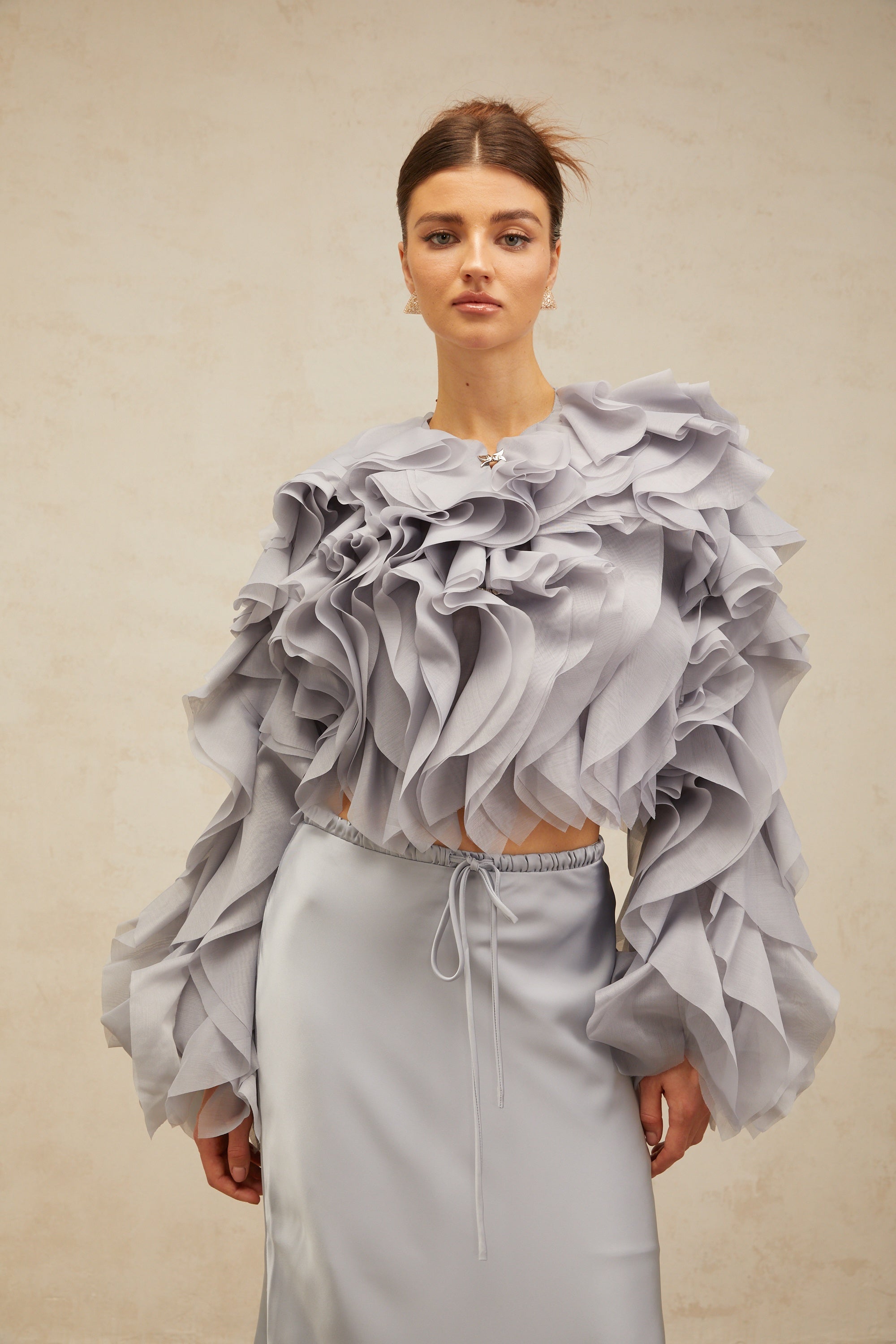 Zelda haze-blue bowknot ruffled blouse & skirt matching set