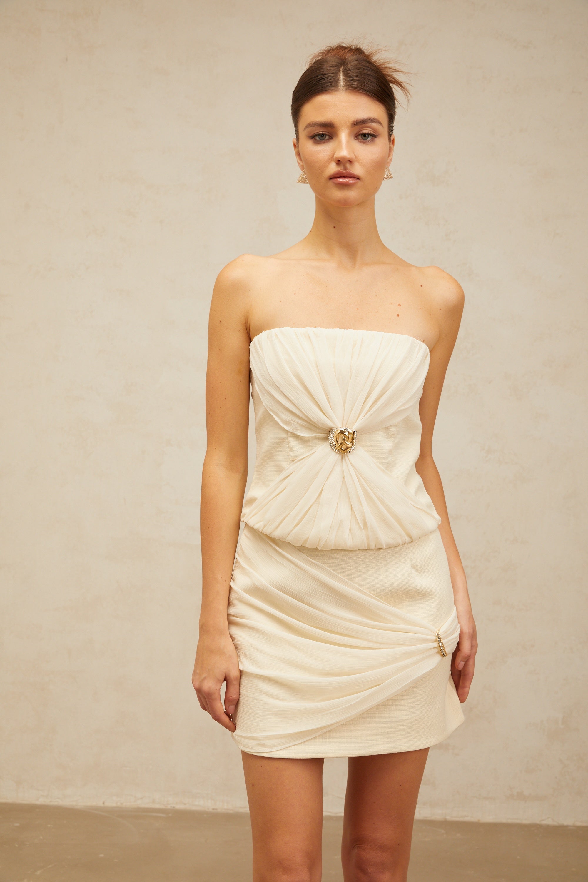 Énora off-white embellished ruched top & skirt matching set