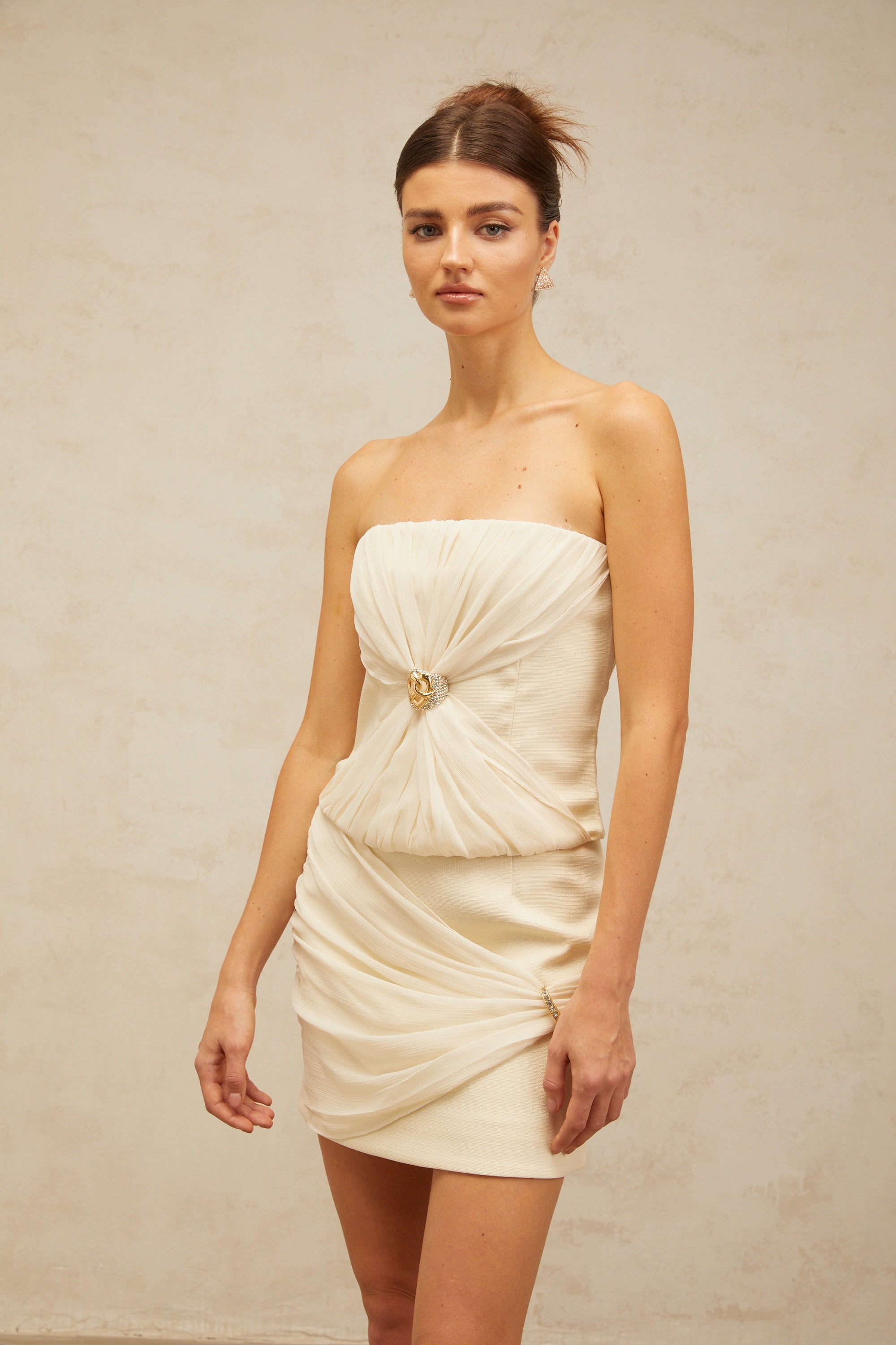 Énora off-white embellished ruched top & skirt matching set