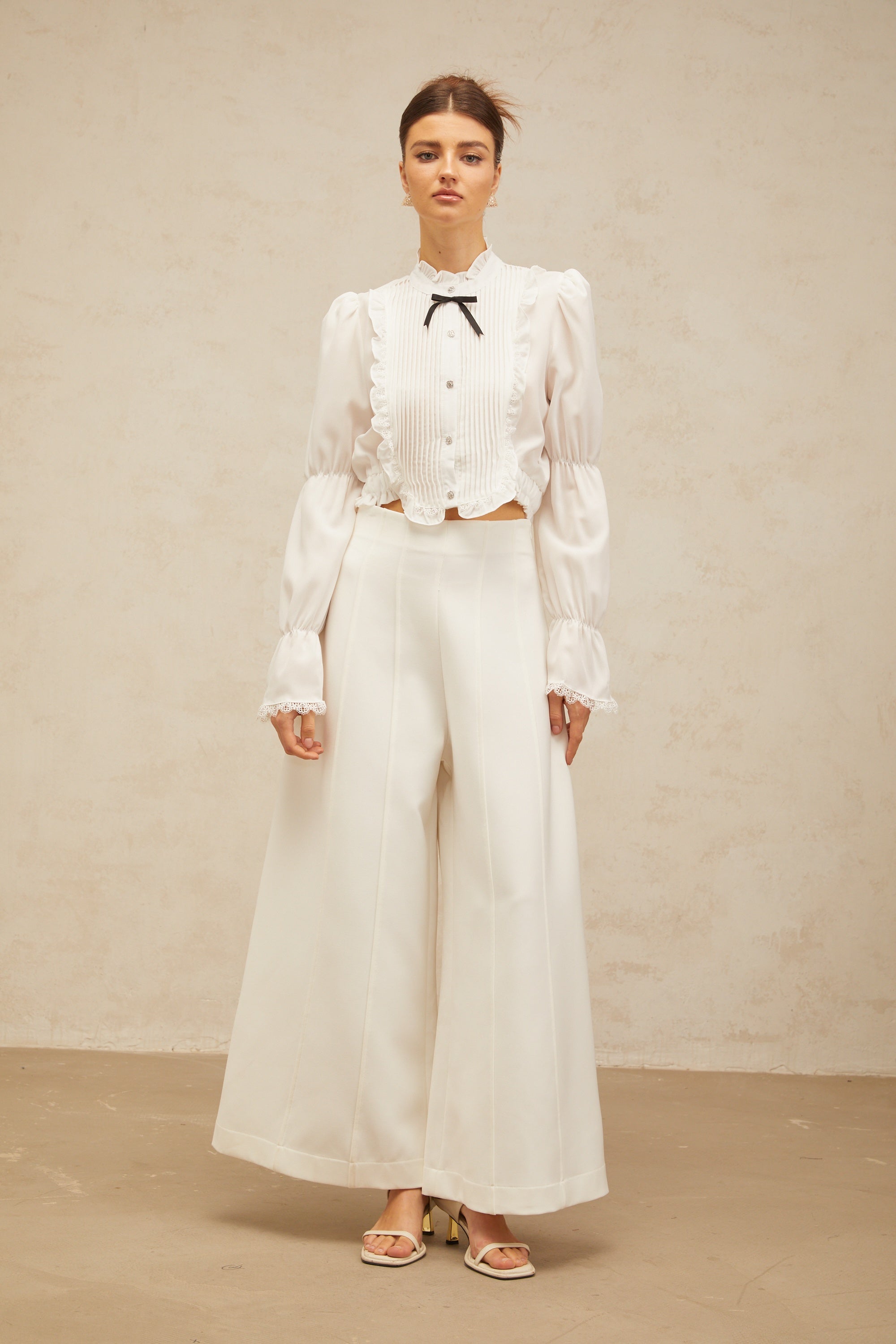 Paulette white bowknot shirred-panel ruffled shirt